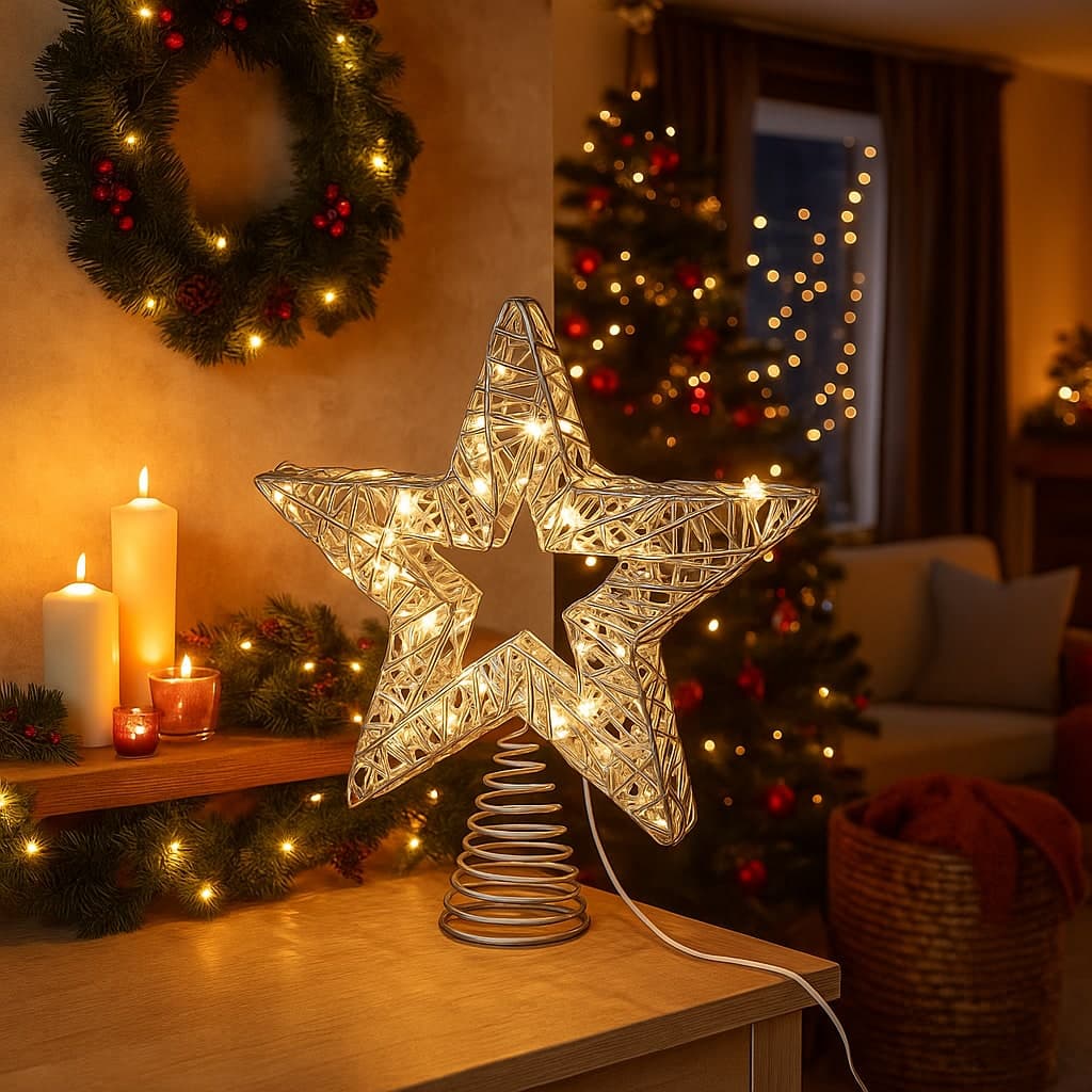 Puntale decorativo stella a batteria con luci Led per decorazione natalizia - 2