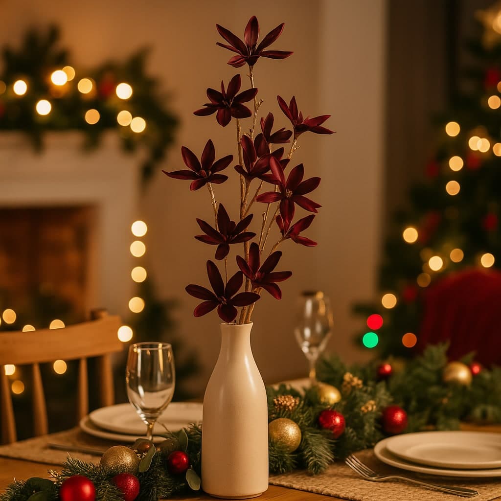 Ramo di camelie decorative con stelo dorato in poliestere per decorazioni natalizie - 4