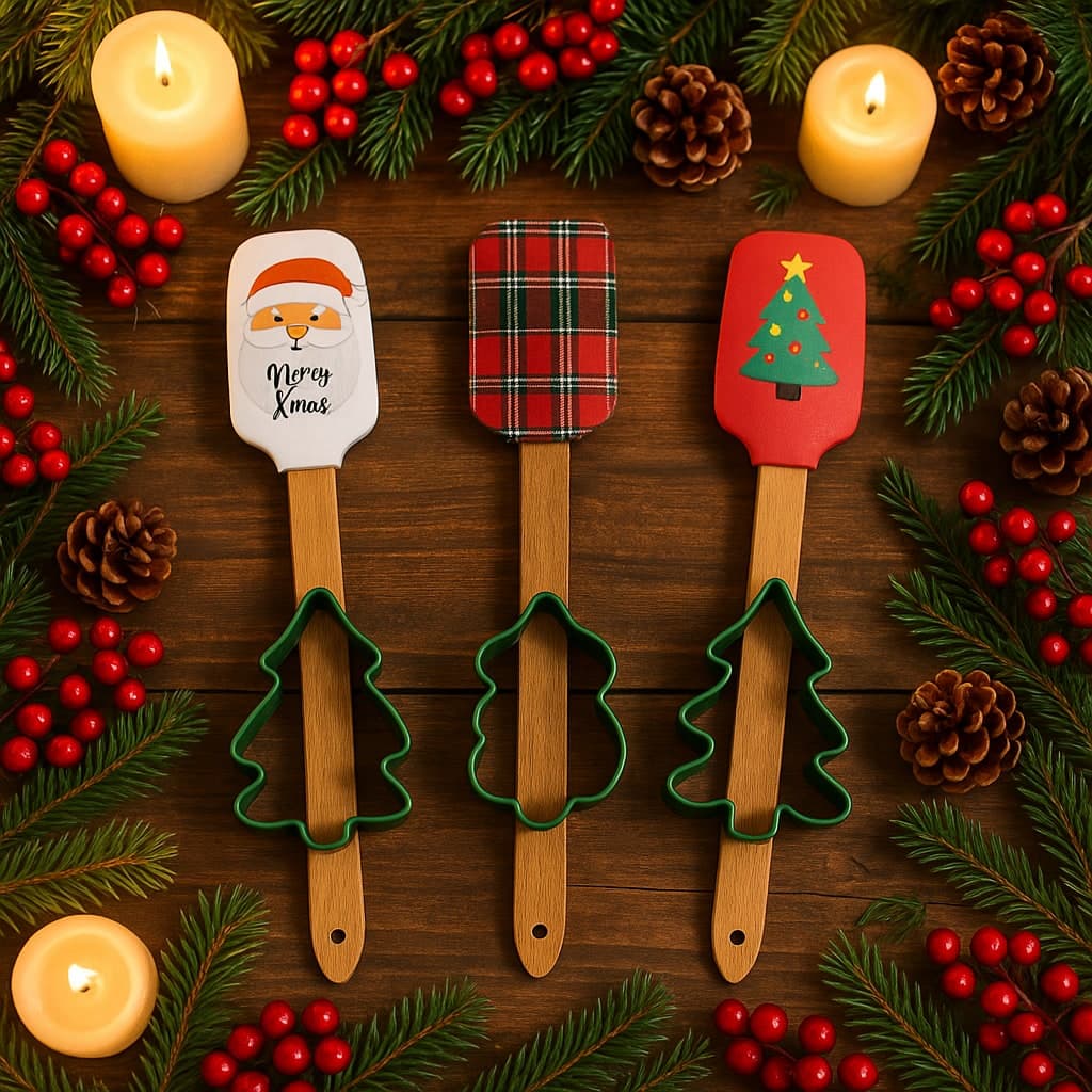 Set spatola rossa in silicone con manico in legno e formina per biscotti - 6
