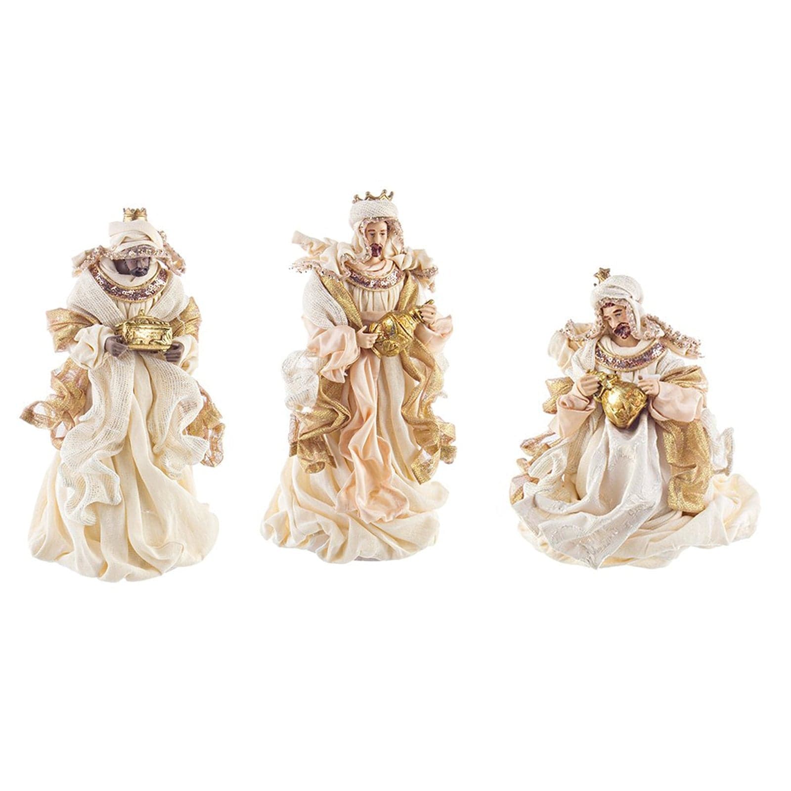 Natività completa con 6 soggetti statue per presepe vestiti in tessuto Panna e Oro h 28 cm - 3