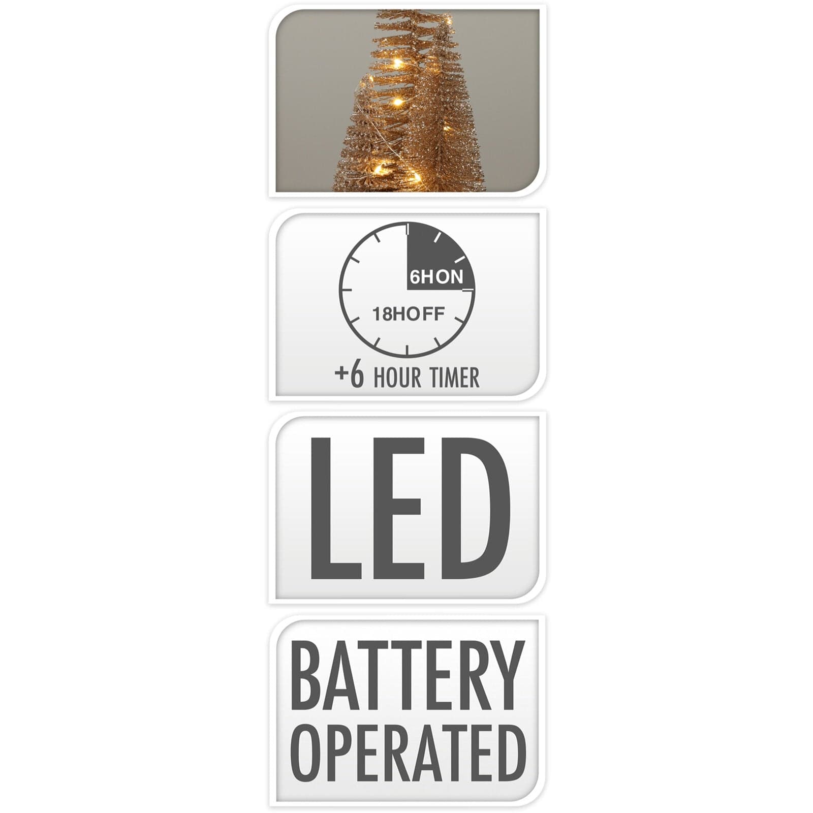 Alberi di Natale su base, con led luminosi e timer, color oro, set da 3 pezzi - 2