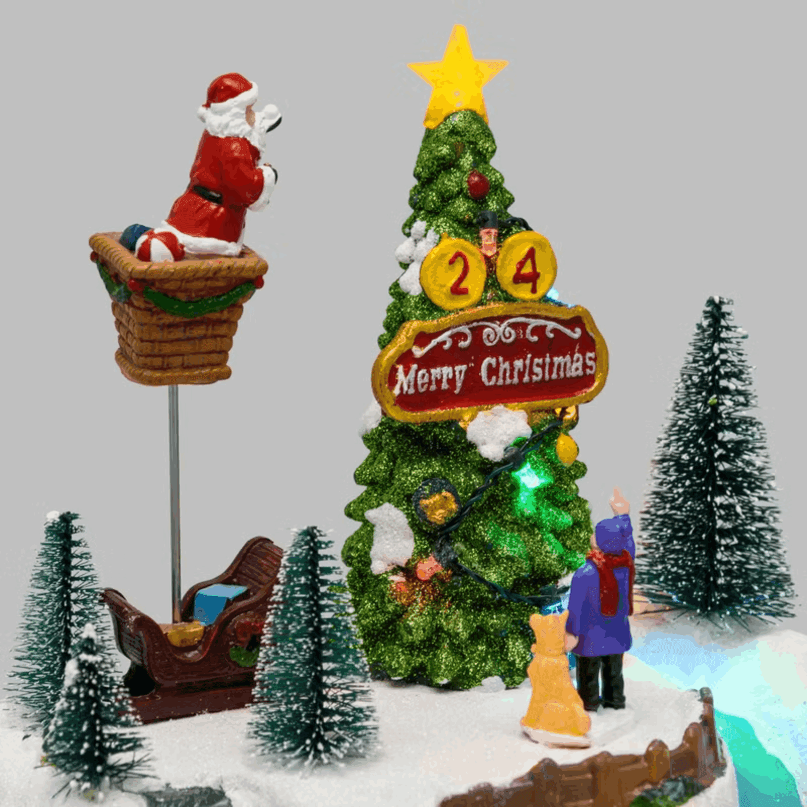 Villaggio di Natale, Albero e Babbo che lo decora in movimento, h 22 cm - 2