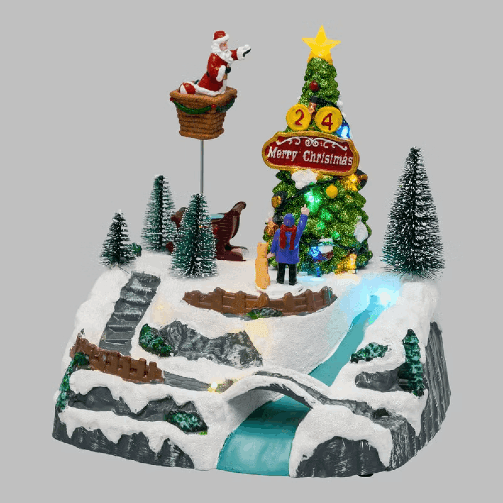 Villaggio di Natale, Albero e Babbo che lo decora in movimento, h 22 cm - 3