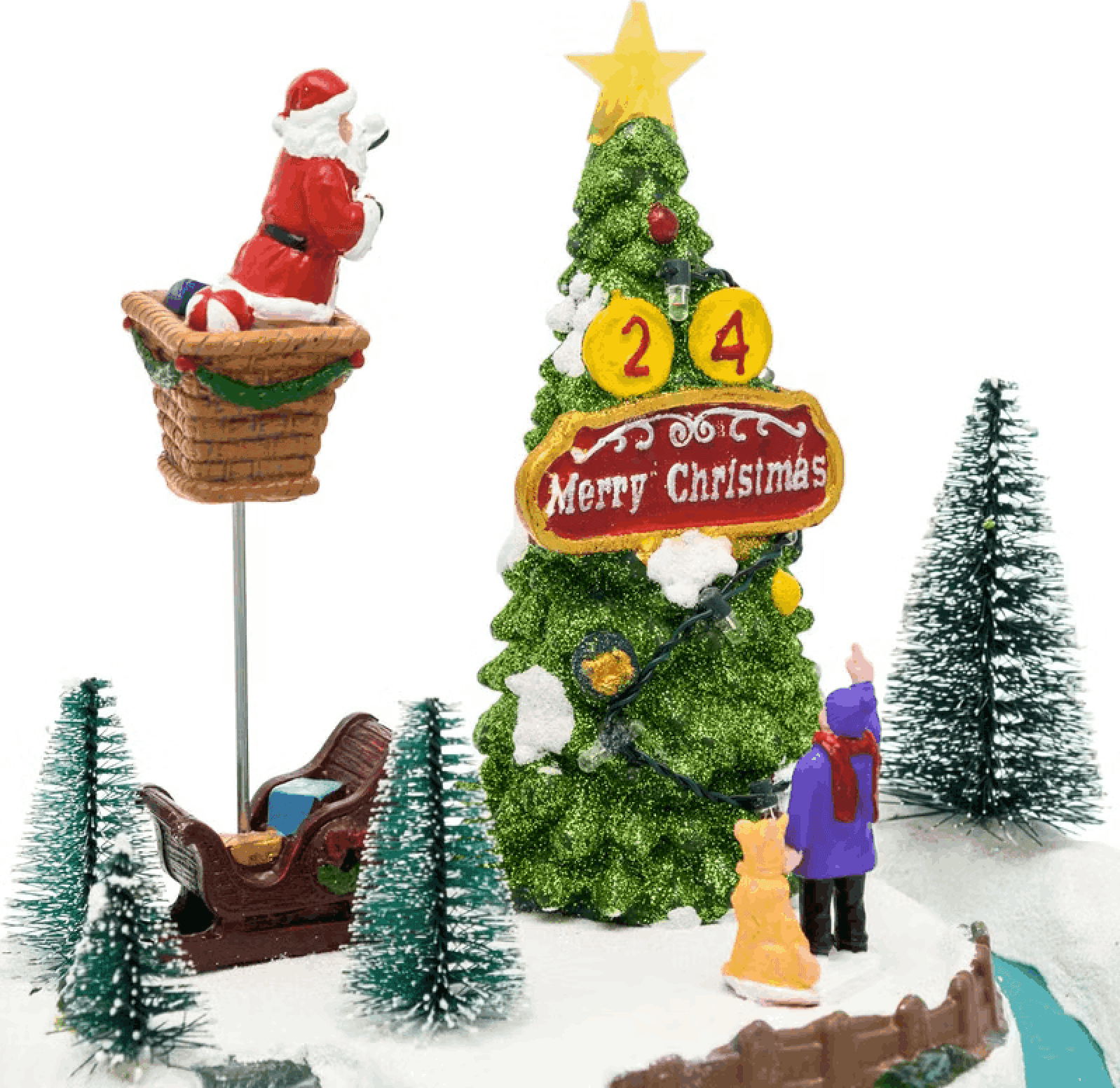 Villaggio di Natale, Albero e Babbo che lo decora in movimento, h 22 cm - 5
