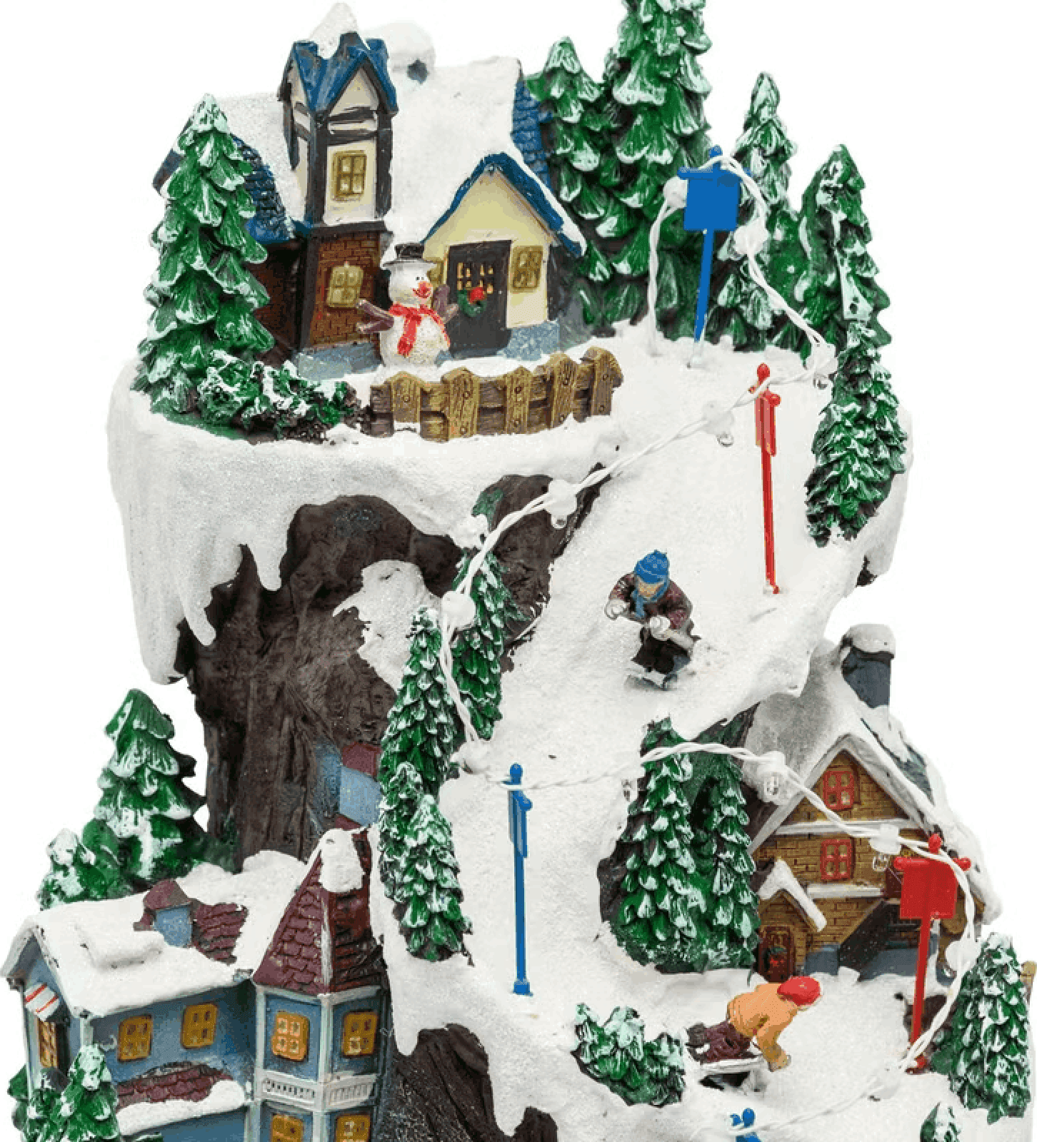 Villaggio Innevato con Sciatori, Trenino in Galleria in movimento in Polyresina, h 38 cm - 4