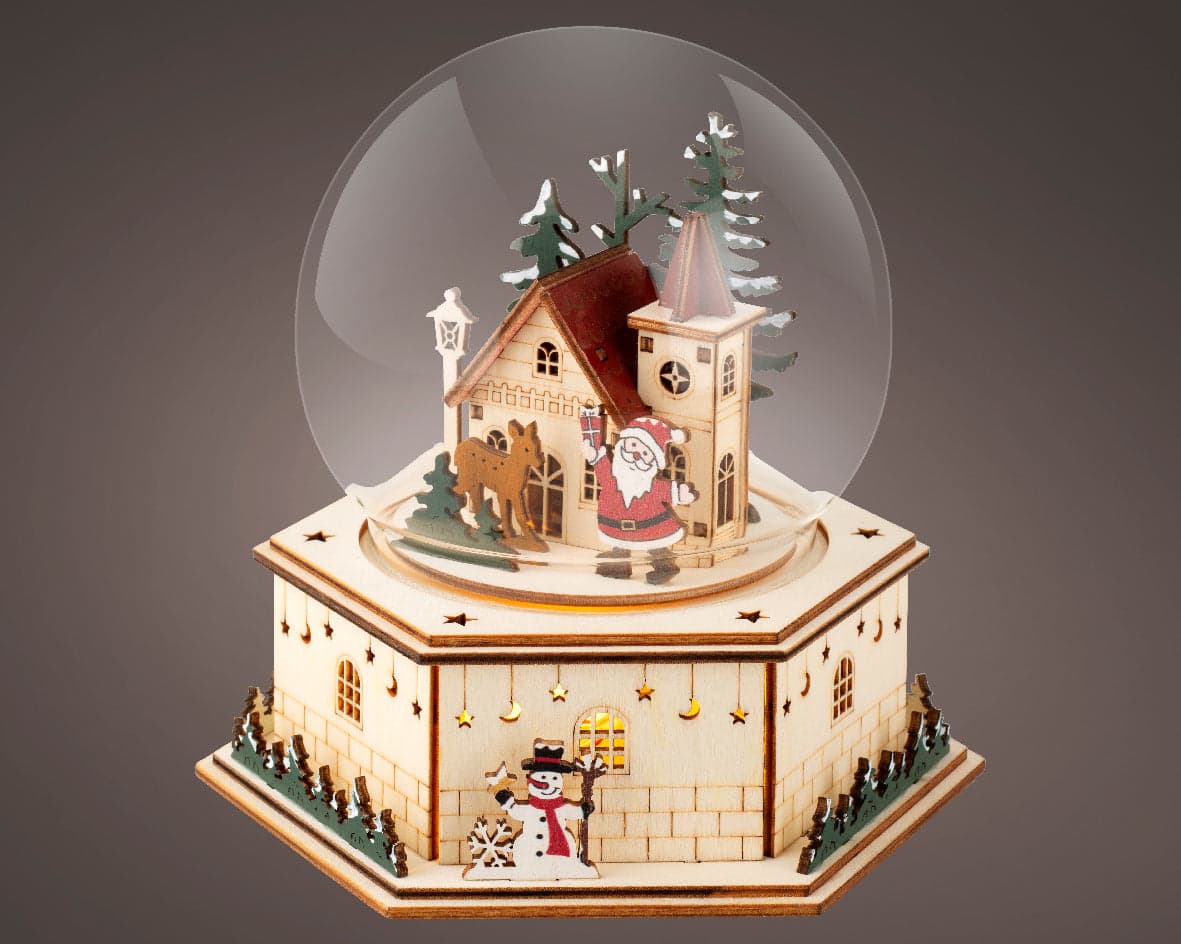 Scenario natalizio con Babbo natale e casetta in compensato con Led, da 17.5 cm - 2