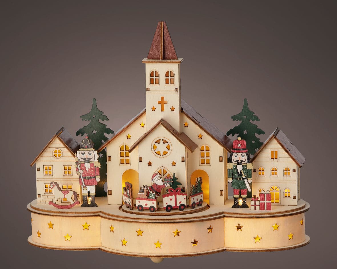 Scenario natalizio con cattedrale e schiaccianoci in compensato con Led, da 24.5 cm - 2
