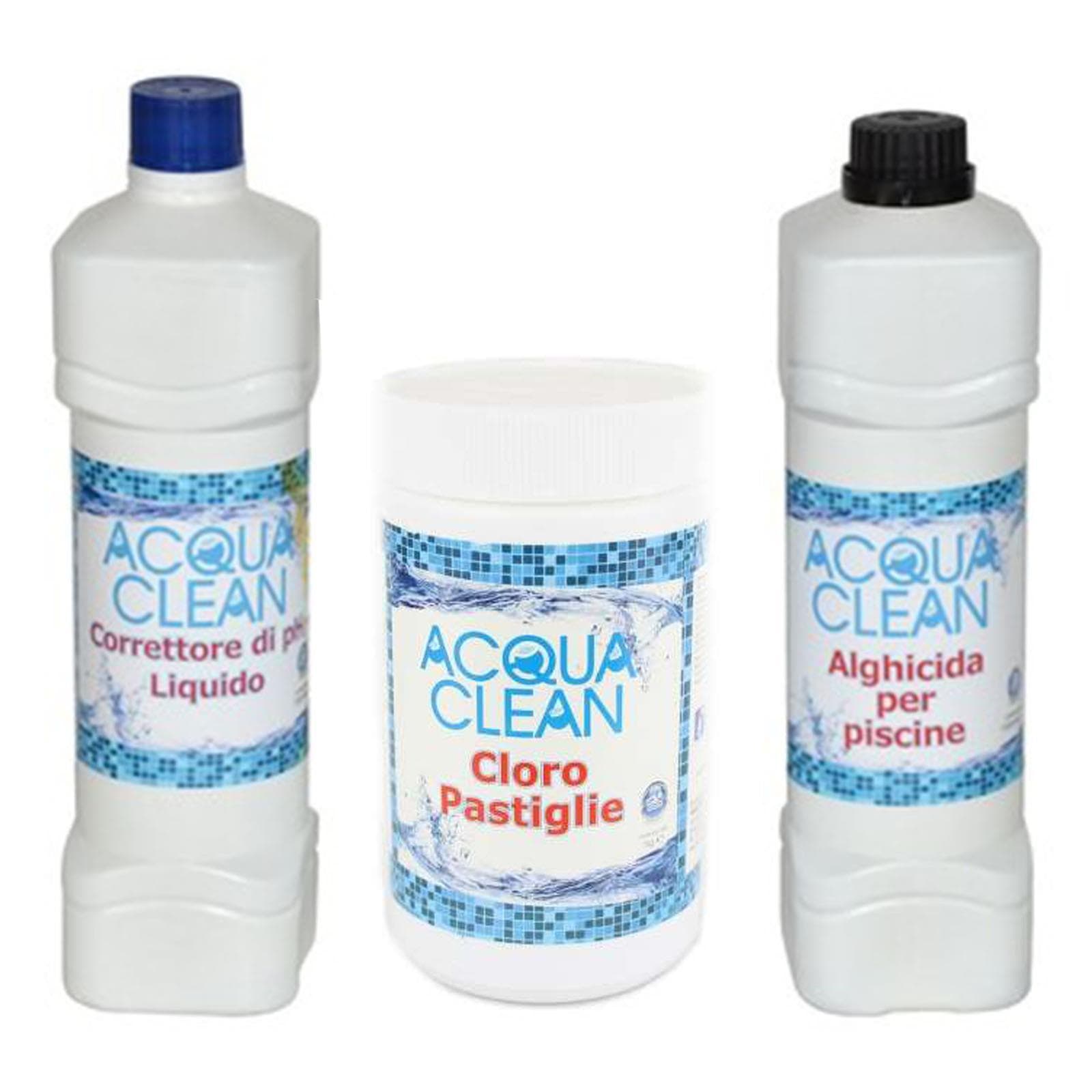 Kit trattamento base per acqua Piscina con cloro pastiglie 90, alghicida e correttore ph -