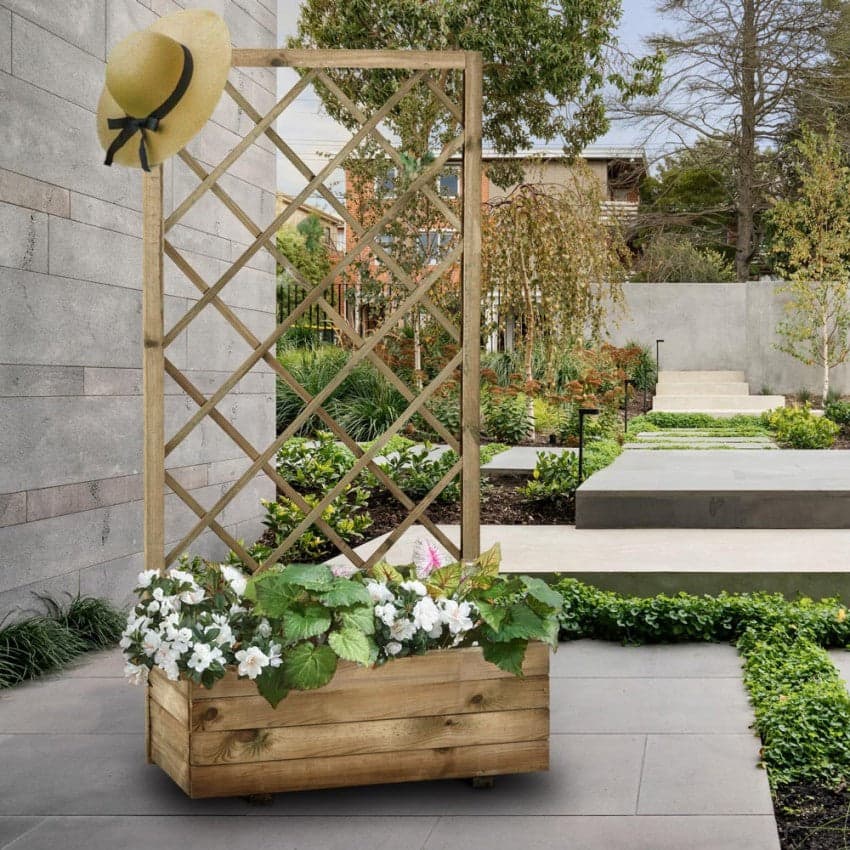 Pannello grigliato con fioriera in legno di pino naturale per recinzioni giardino e terrazzo h 140 cm - 2