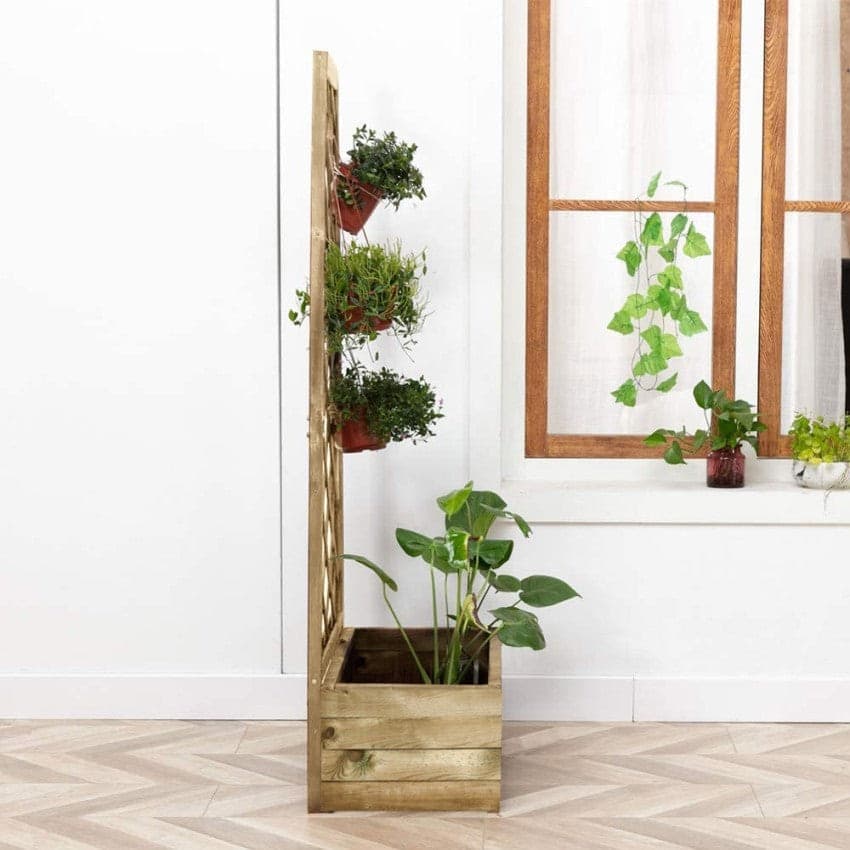 Pannello grigliato con fioriera in legno di pino naturale per recinzioni giardino e terrazzo h 140 cm - 3