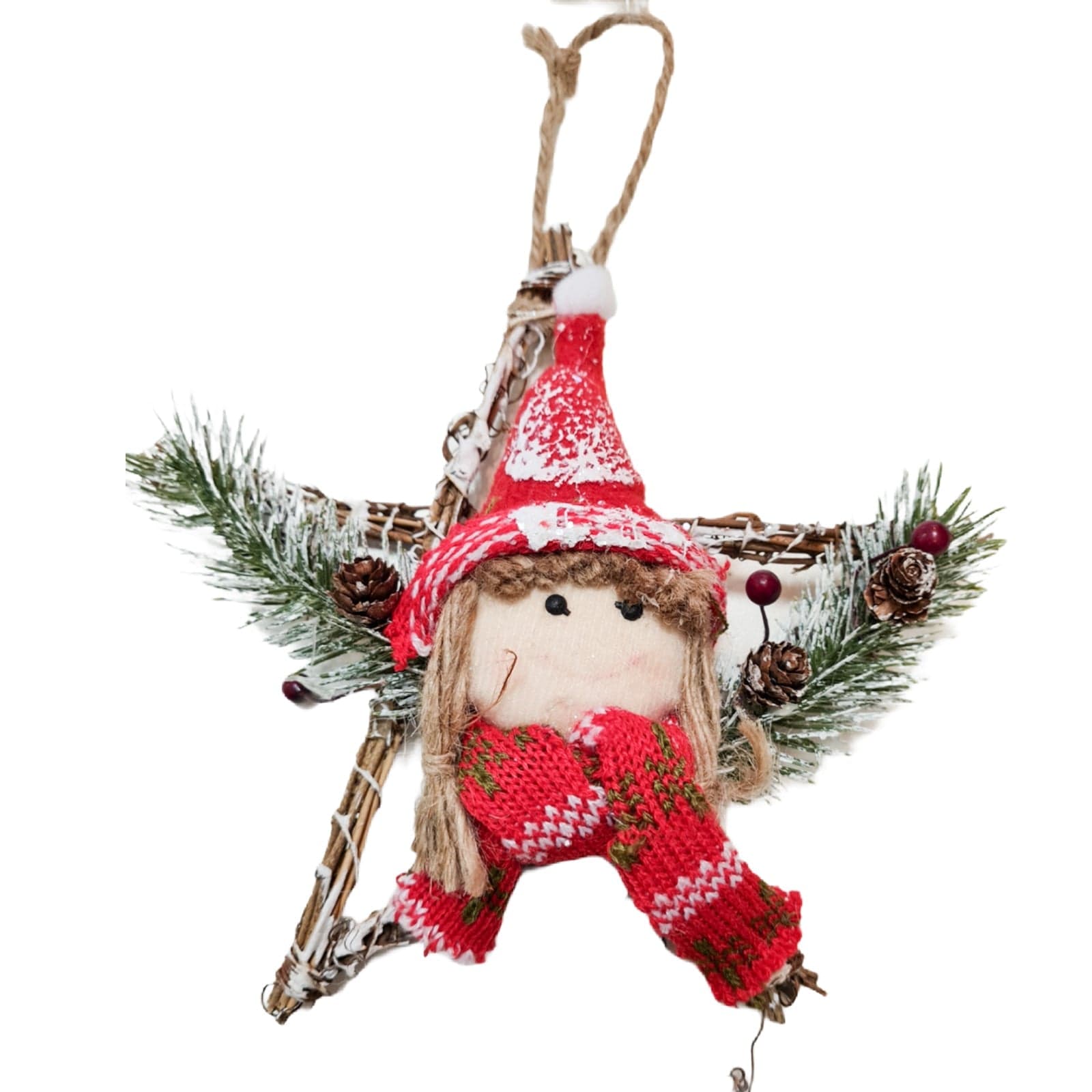 Pallina natalizie con pupazzo in Tessuto e Stella in Legno da h 15 cm stile Country - 2