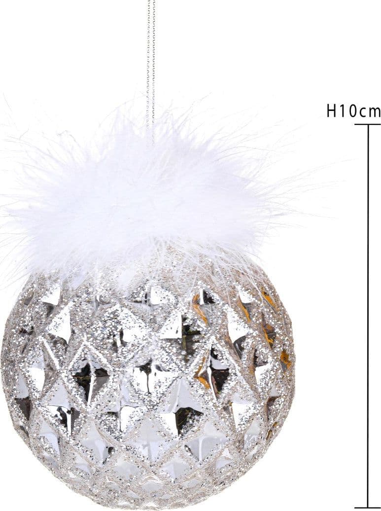 Pallina per albero di Natale in vetro con rombi color Argento da 10 cm - 2