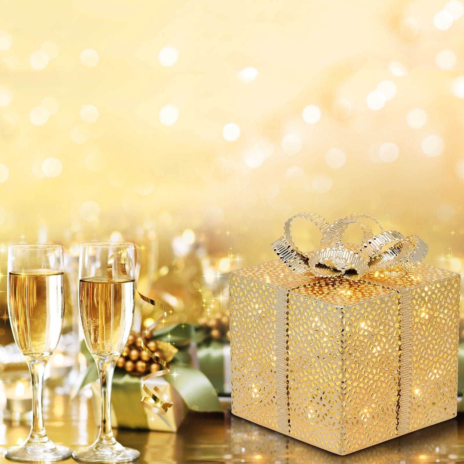 Pacco regalo cubico scatola decorazione natalizia addobbo luminoso con led color champagne - 2