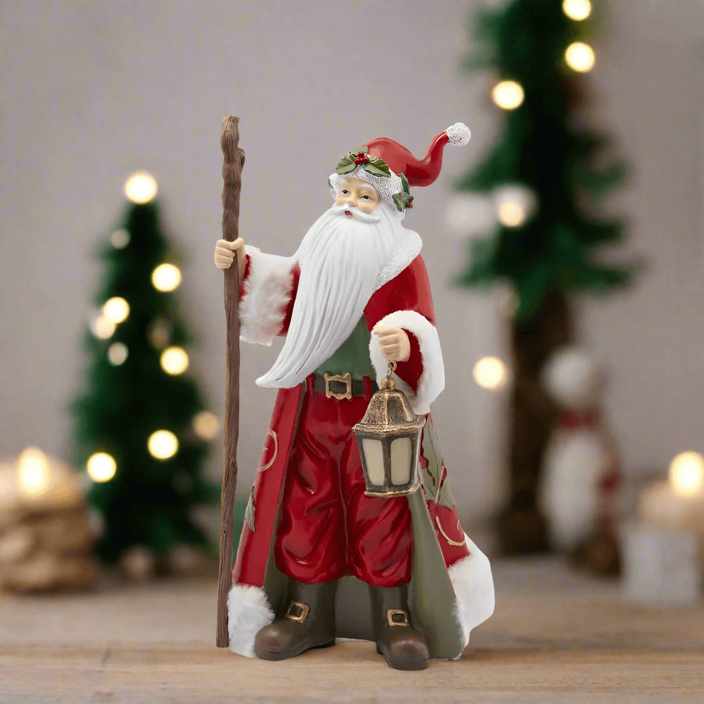 Babbo Natale con bastone statuetta color rosso con led in poliestere da 35 cm - 2
