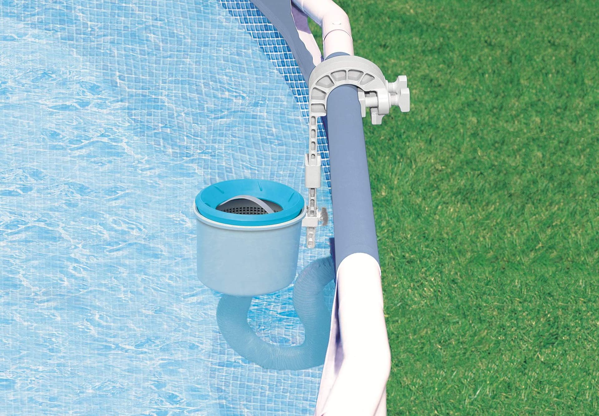 Skimmer di superficie raccolta foglie e dispenser cloro per piscina con struttura e ciambella - 4