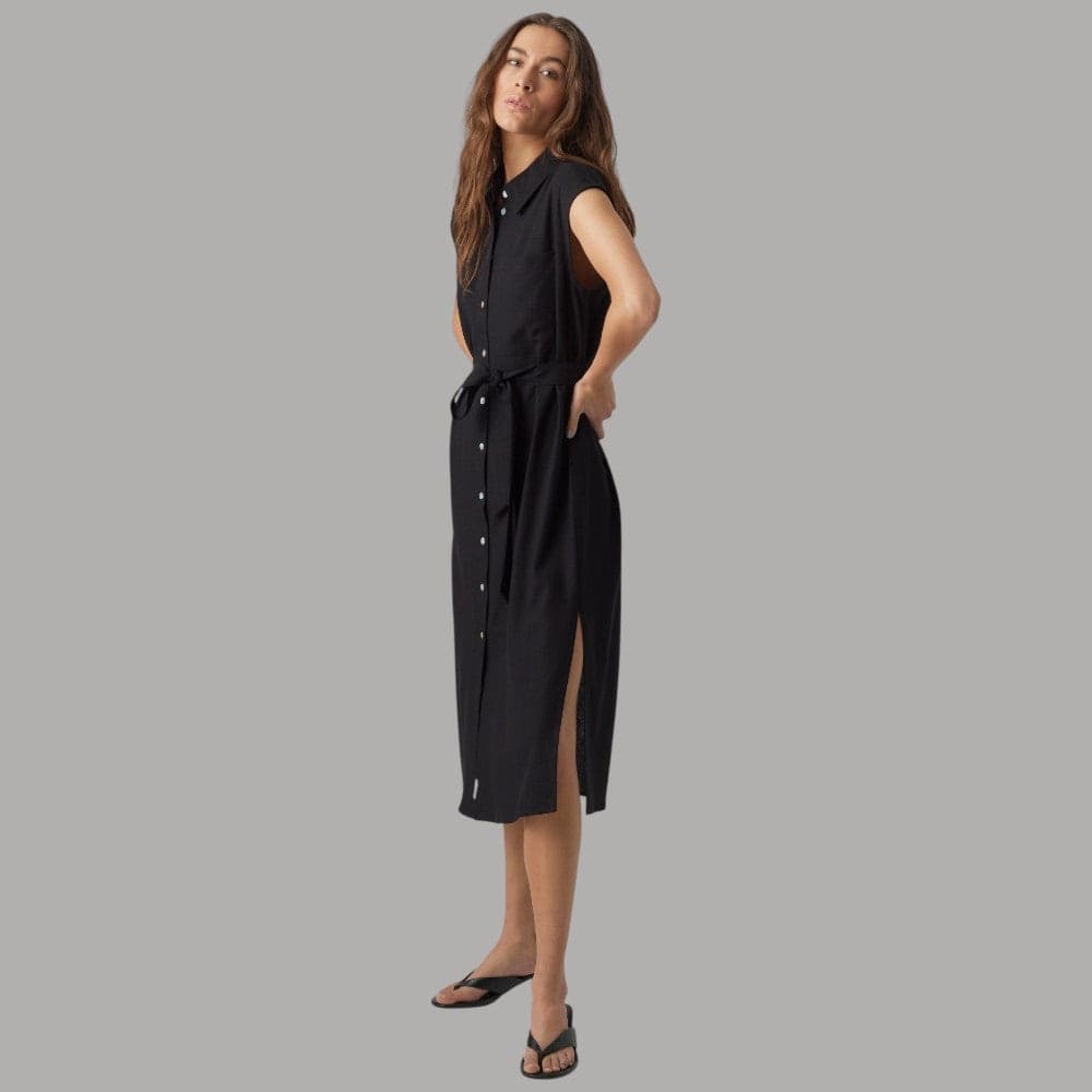 Vero Moda Vestito Camicia Lungo Nero Misto Lino Senza Maniche Cintura - 2