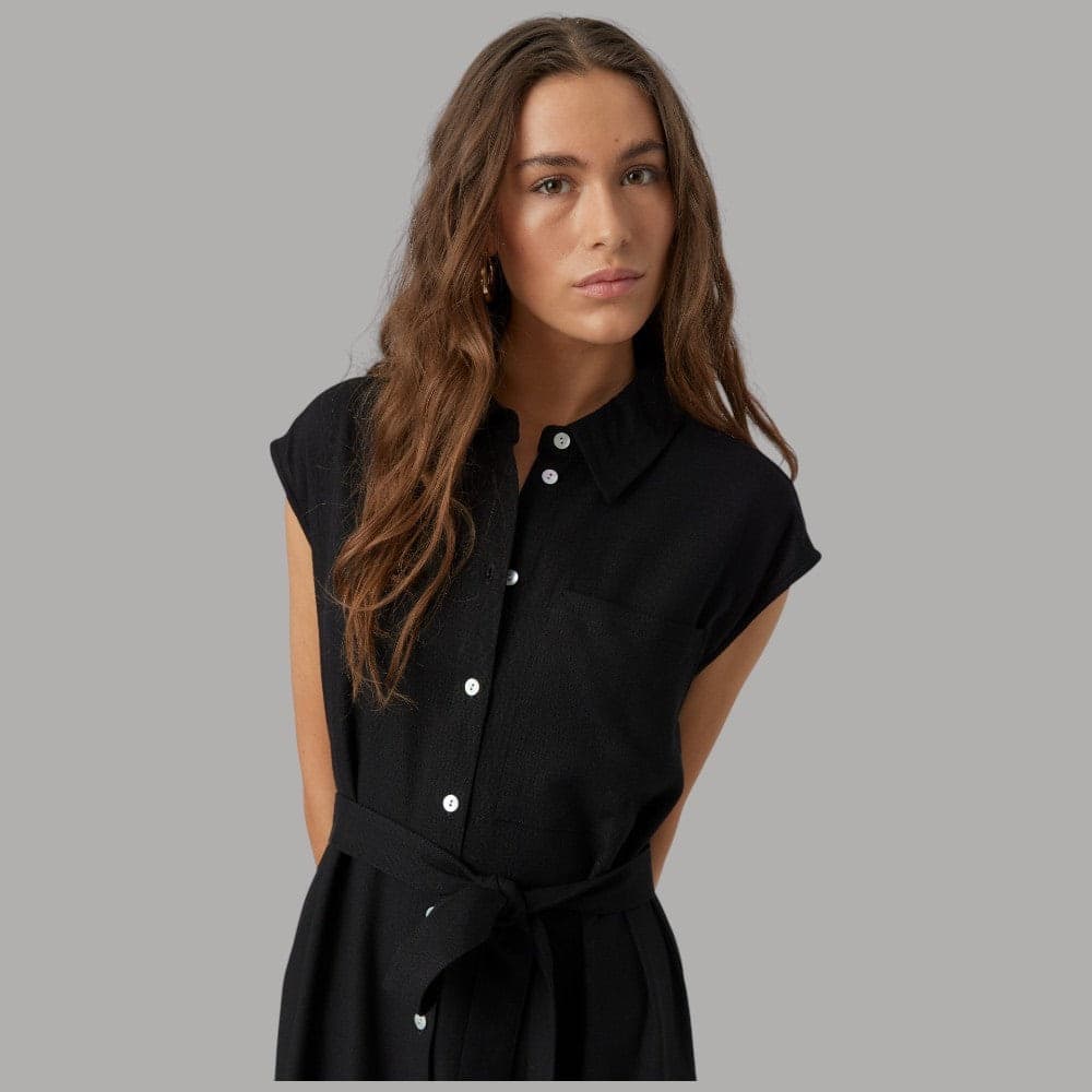 Vero Moda Vestito Camicia Lungo Nero Misto Lino Senza Maniche Cintura - 3