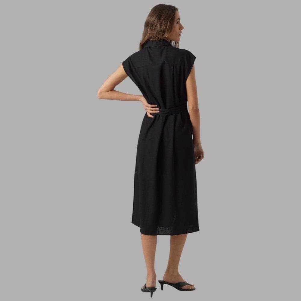 Vero Moda Vestito Camicia Lungo Nero Misto Lino Senza Maniche Cintura - 4