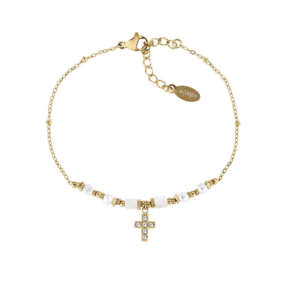 Amen - Bracciale Croce con Zirconi Bianchi in Acciaio Dorato con Agata