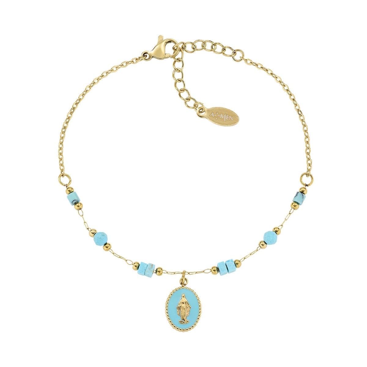 Amen - Bracciale in Acciaio Dorato con Agata e Miracolosa Smaltata Turchese