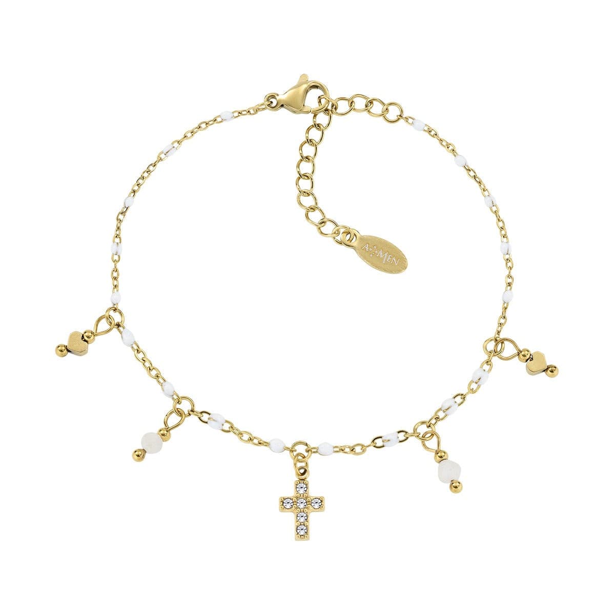 Amen - Bracciale Multicharm in Acciaio Dorato con Agata e Croce con Zirconi