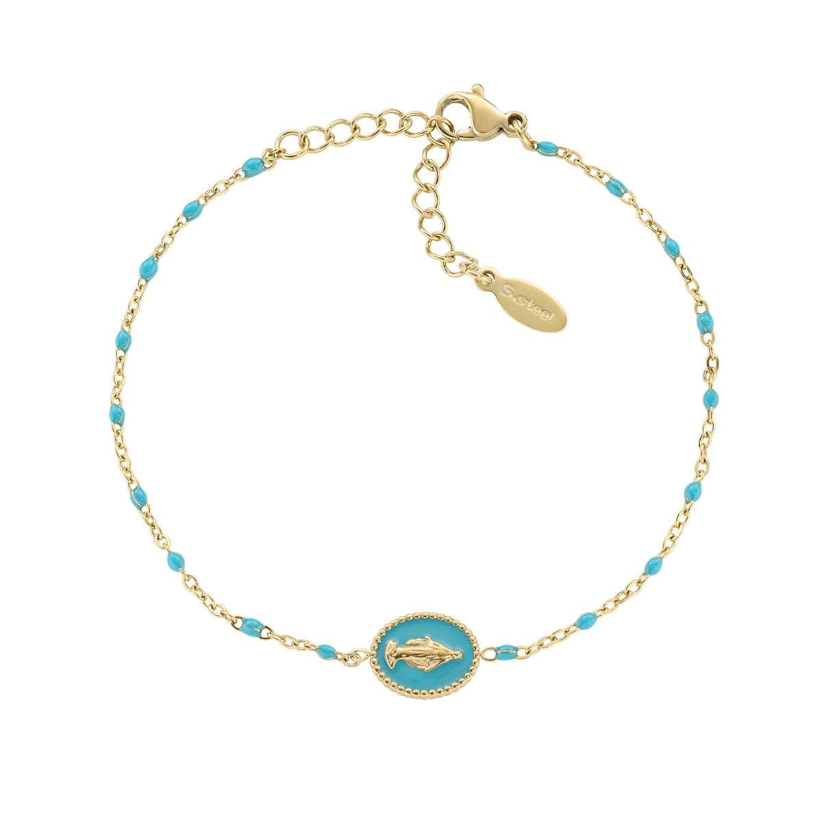 Amen - Bracciale in Acciaio Dorato con Smalto Petrolio e Medaglia Miracolosa