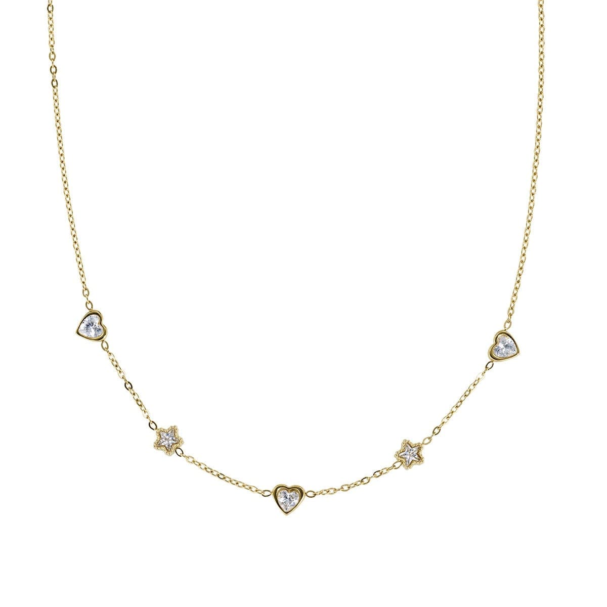 Amen  -  Collana in Acciaio Dorato con Cuori e Stelle con Zirconi Bianchi