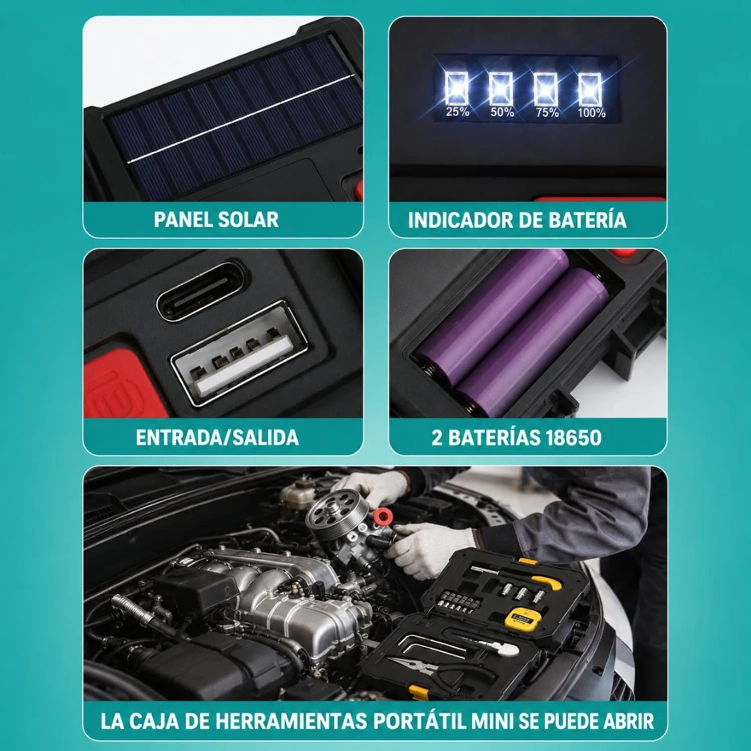 KIT MINI CASSETTA ATTREZZI MULTIFUNZIONALE LAMPADA LED SOLARE RICARICABILE PORTATILE 7769-A - 7