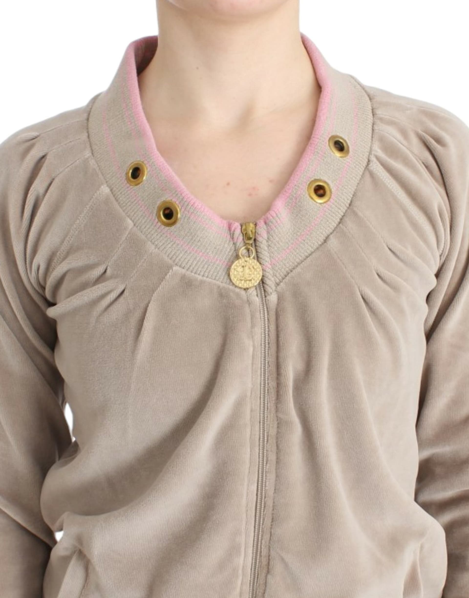 Beige velvet zipup sweater - 5