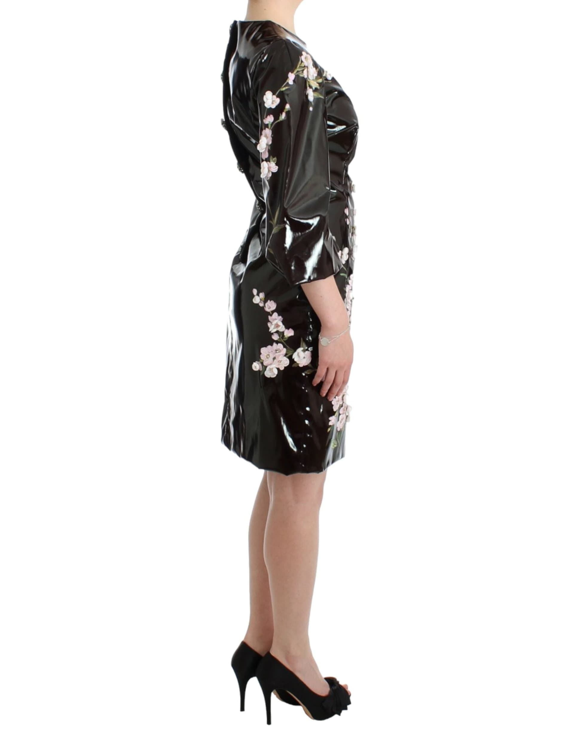 Black patent floral HANDPAINTED dress - 4