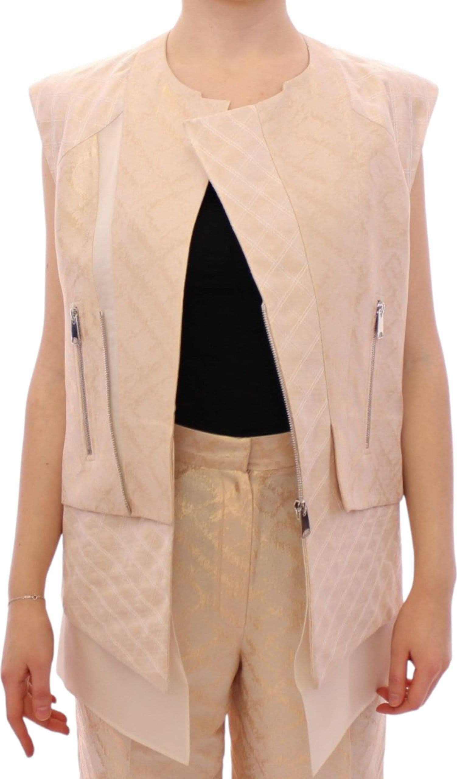Beige brocade sleeveless jacket - 7