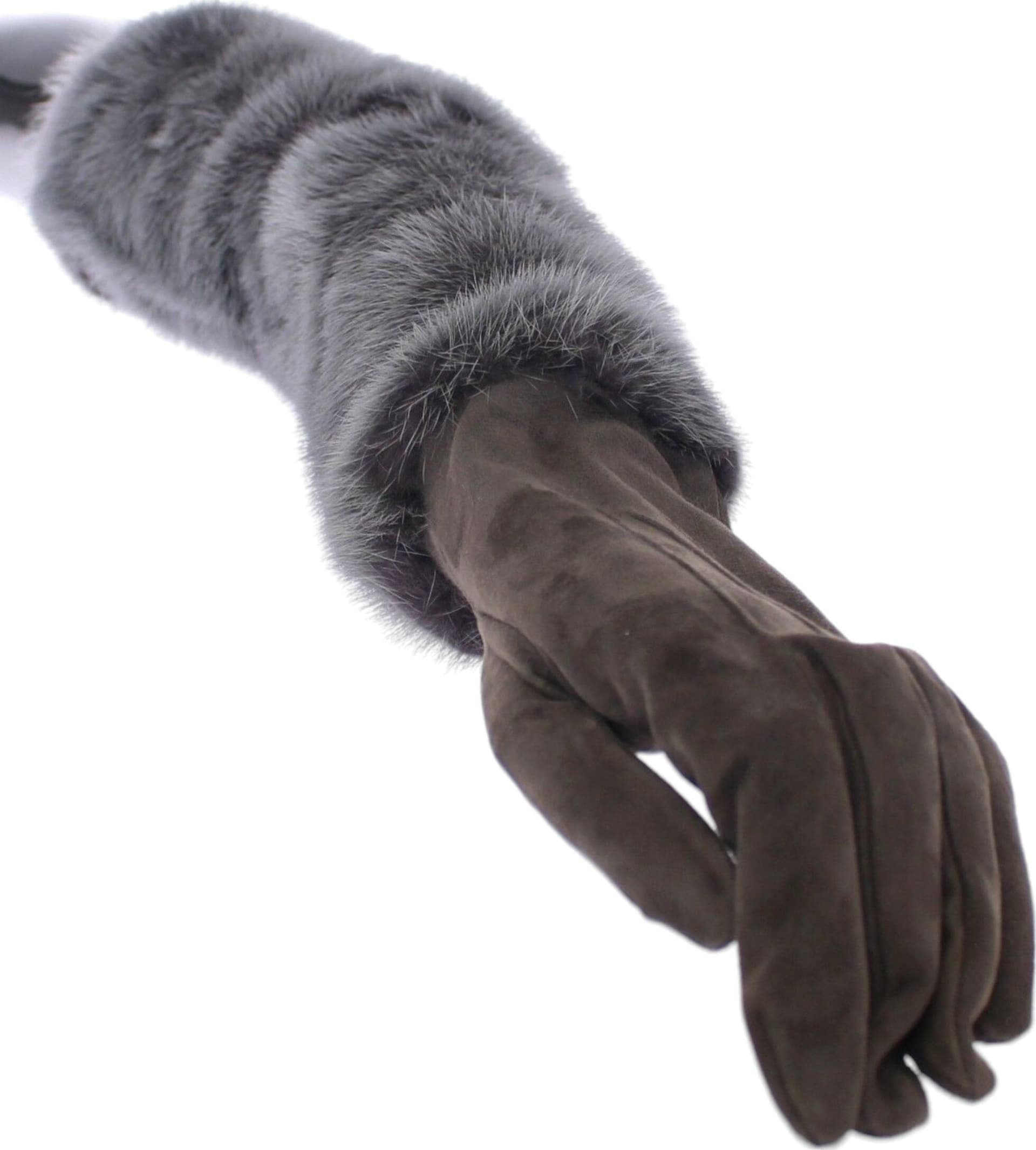 Gray Mink Fur Lambskin Suede Leather Gloves - 3