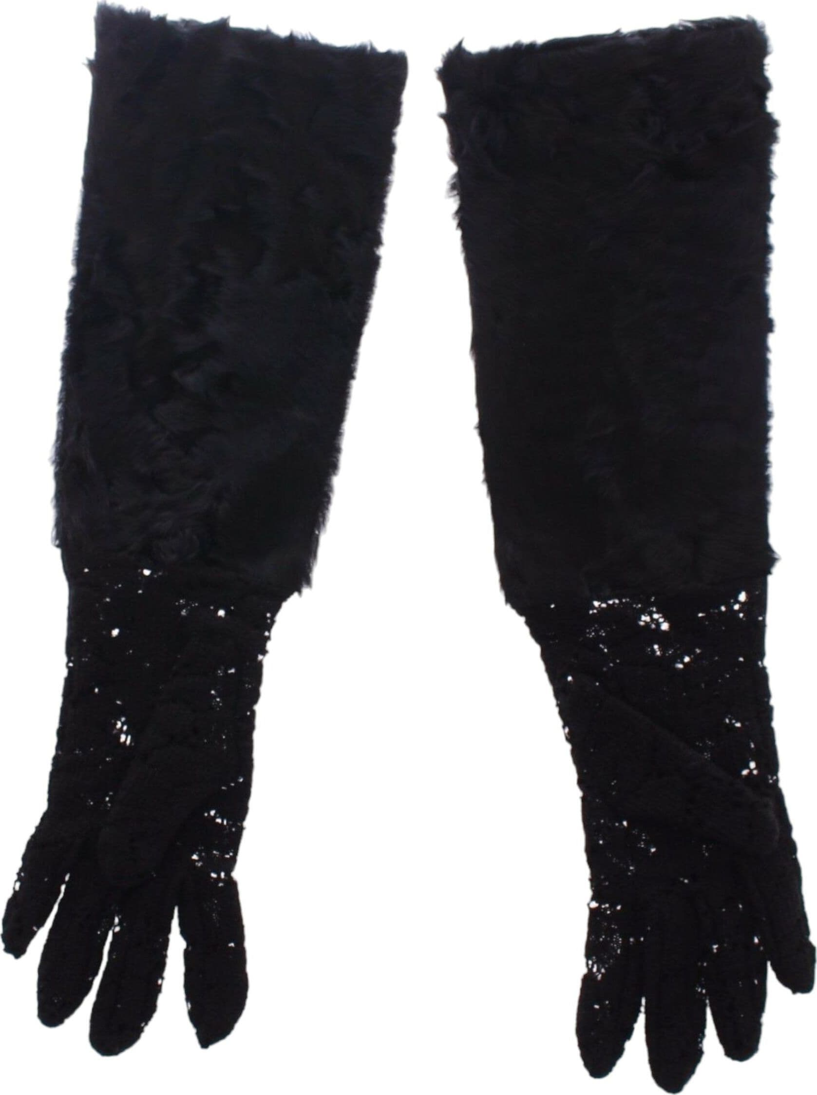 Black Lace Wool Lambskin Fur Elbow Gloves