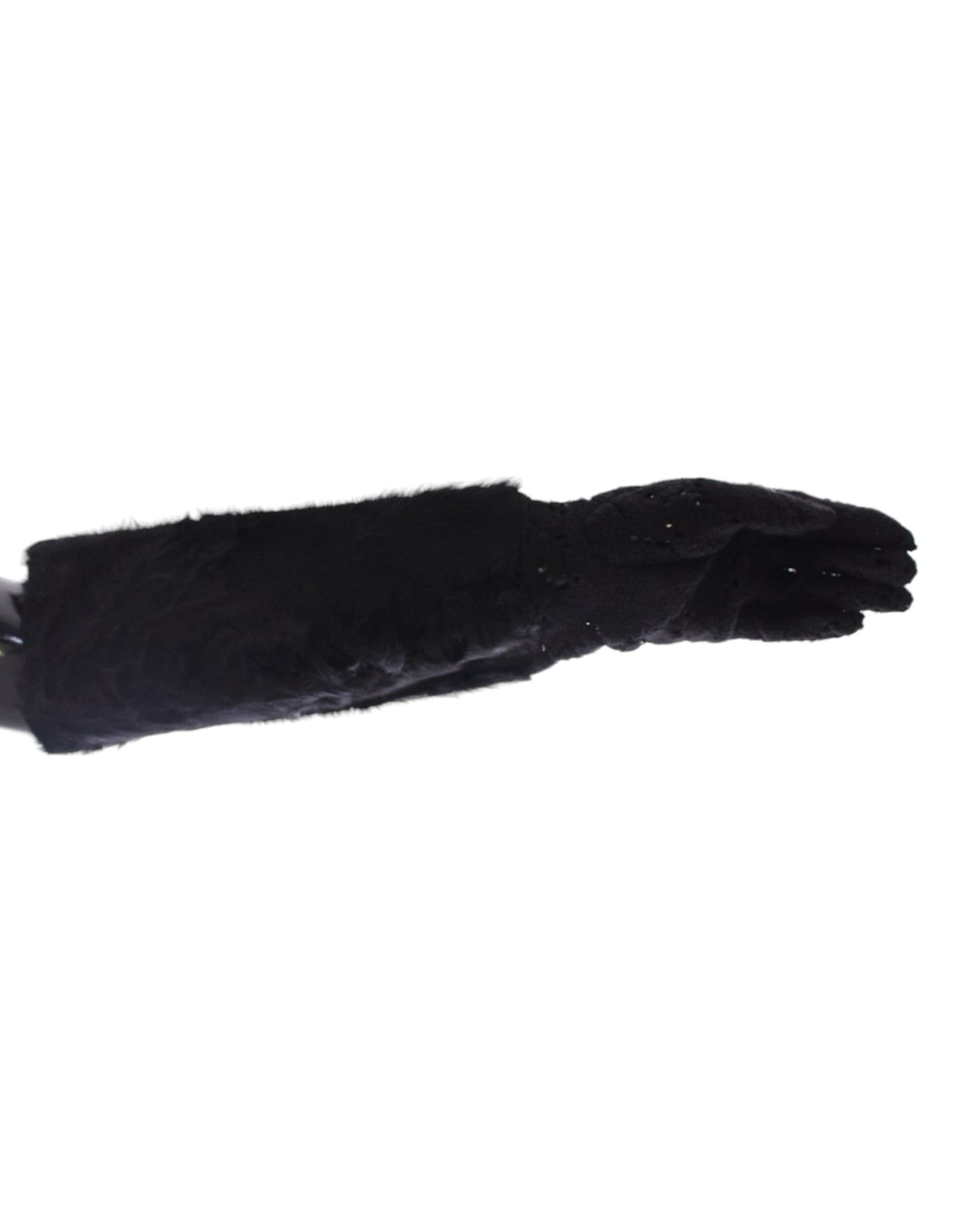 Black Lace Wool Lambskin Fur Elbow Gloves - 3