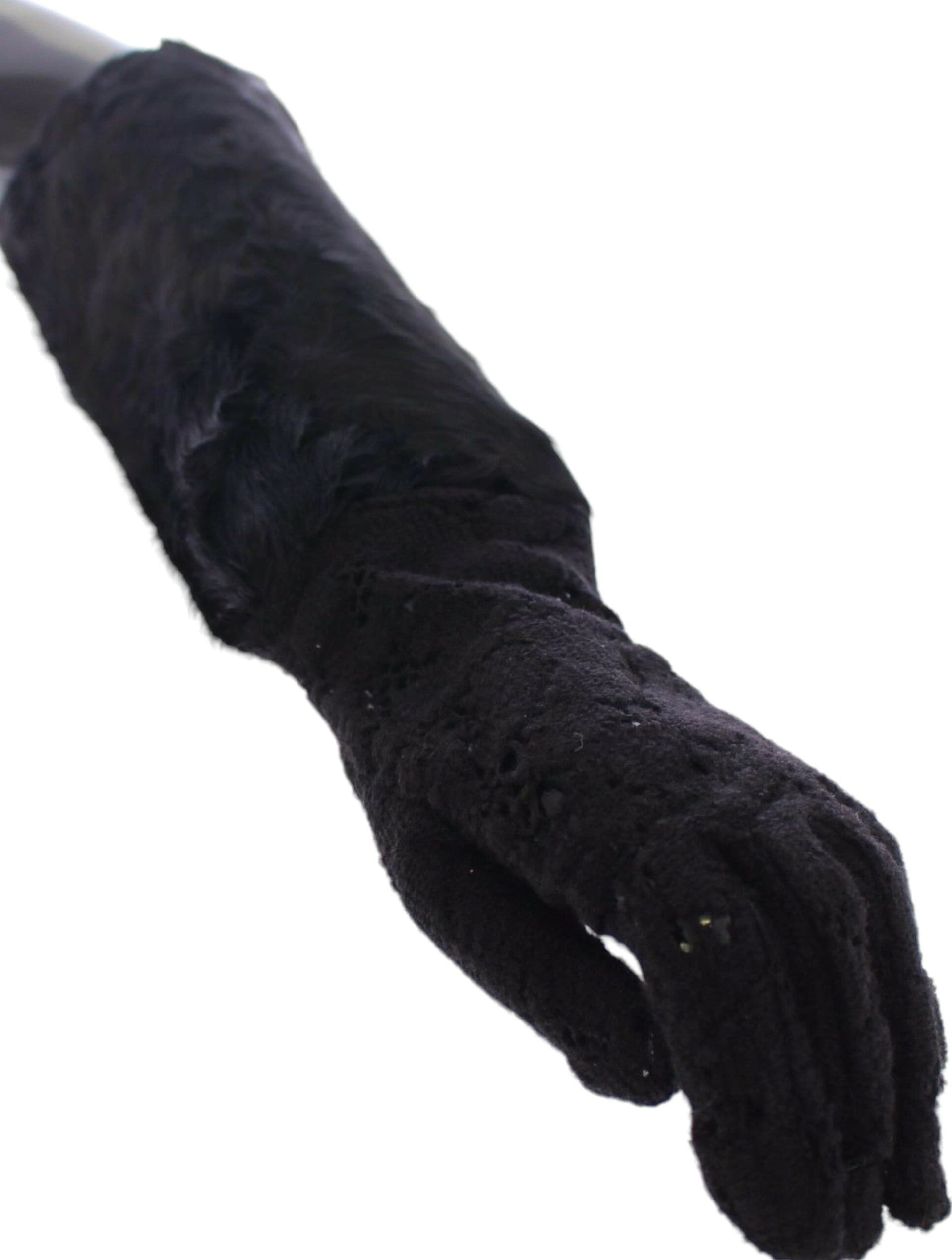 Black Lace Wool Lambskin Fur Elbow Gloves - 4