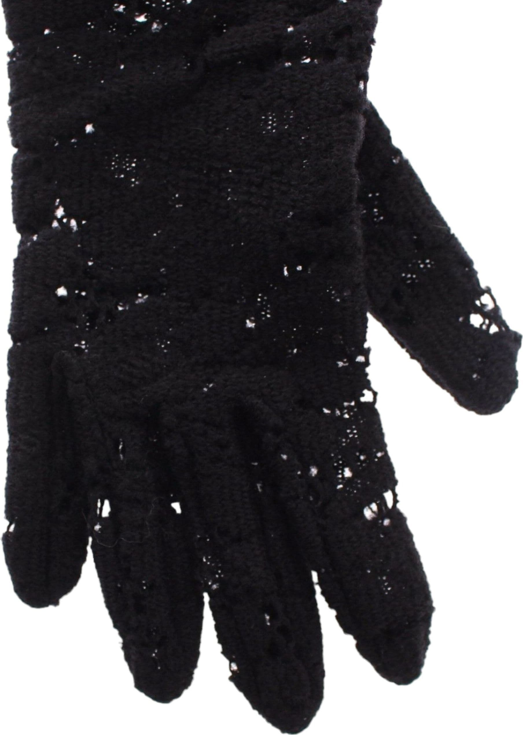 Black Lace Wool Lambskin Fur Elbow Gloves - 5