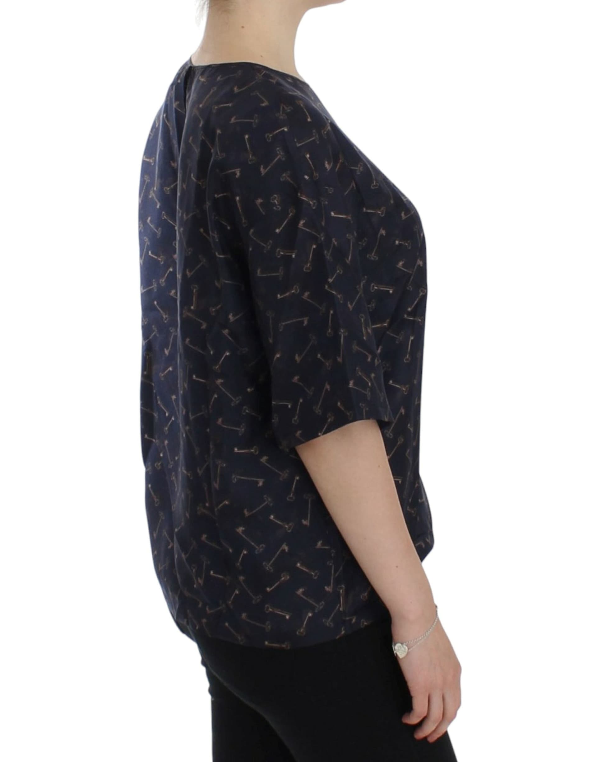 Blue gold key print silk blouse - 4