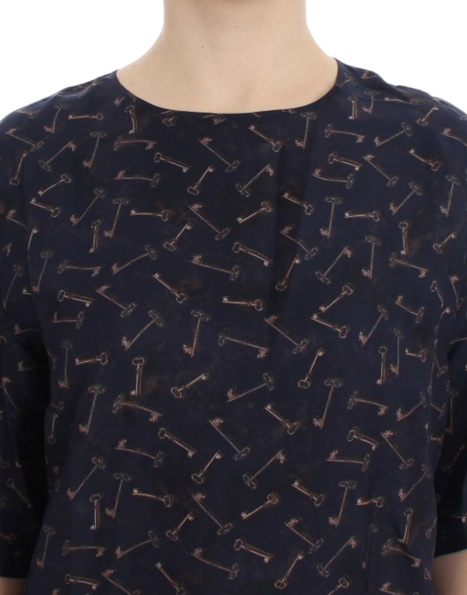 Blue gold key print silk blouse - 5