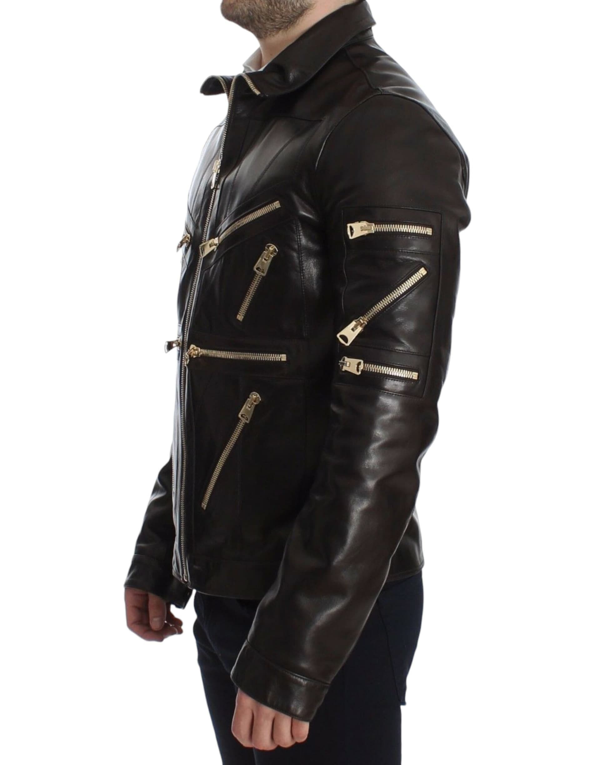 Brown Lambskin Leather Zipper Jacket - 5