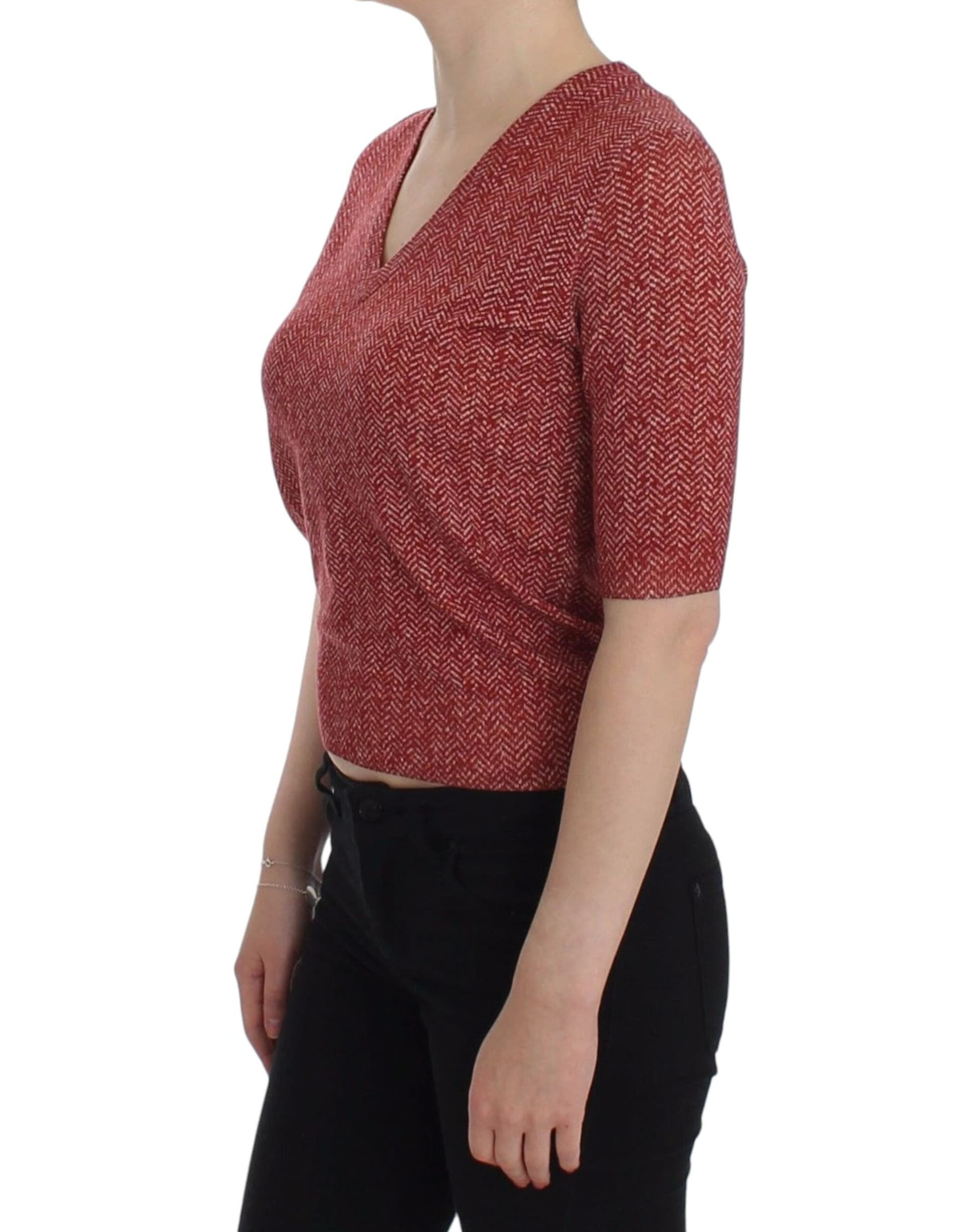 Red Wool Tweed Short Sleeve Sweater Pullover - 2