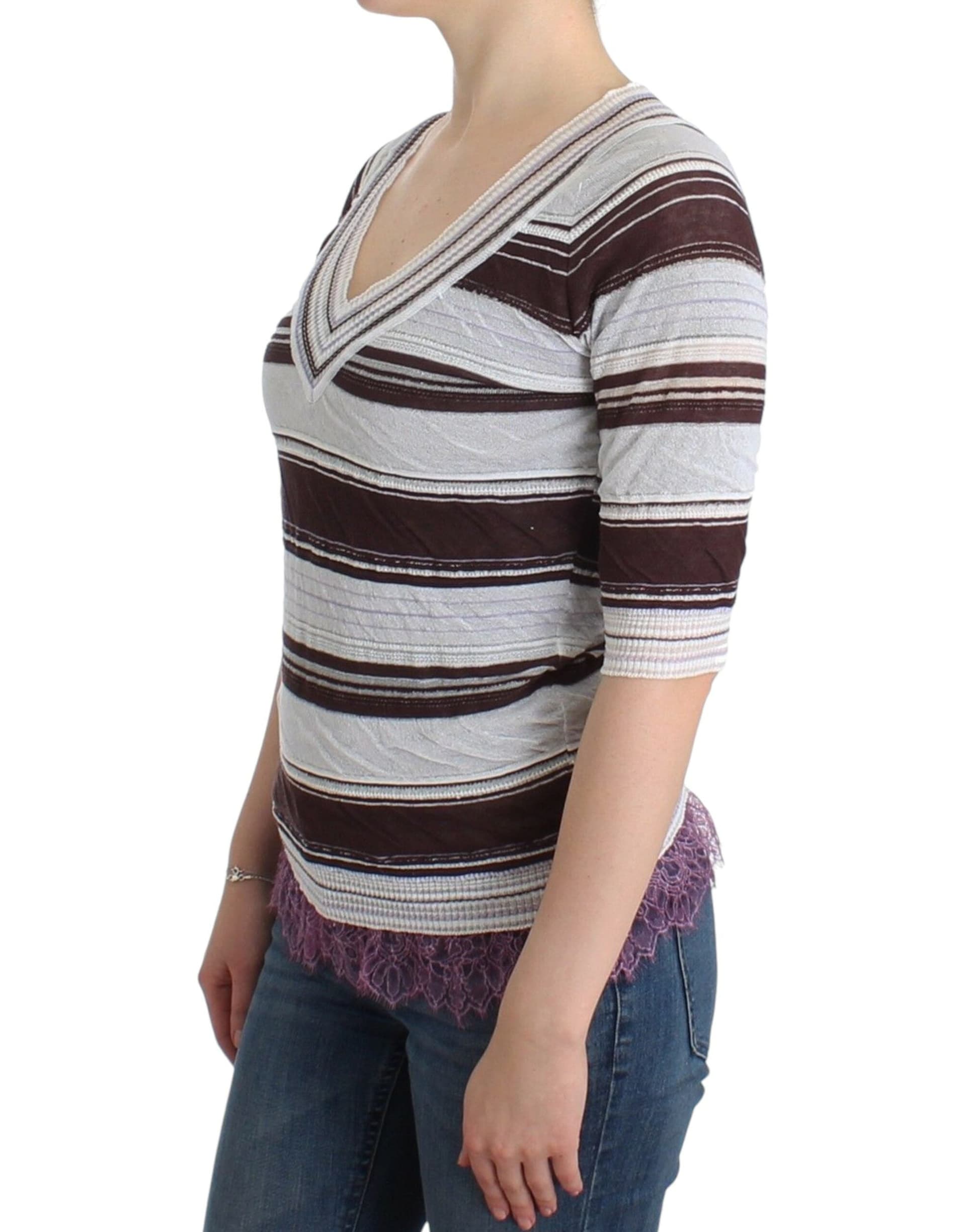 Striped Lace V-Neck Short Sleeve Top Sweater - 2