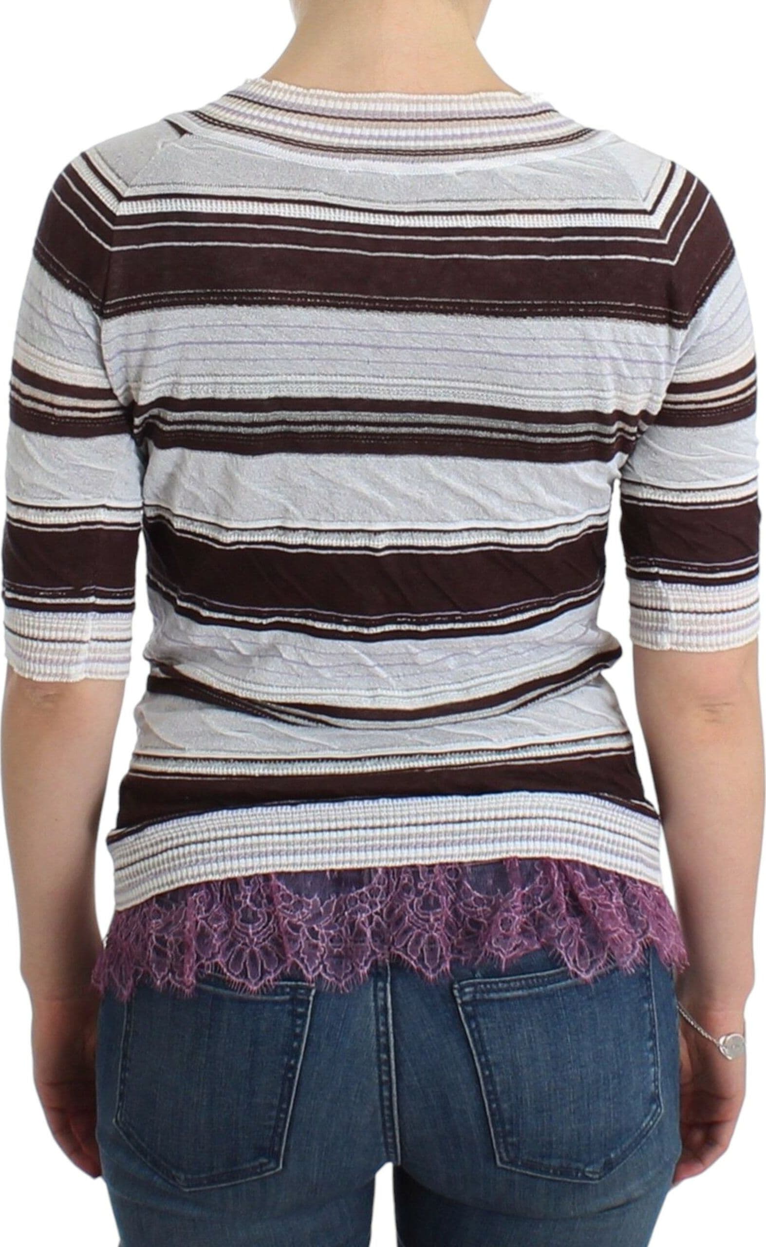 Striped Lace V-Neck Short Sleeve Top Sweater - 3