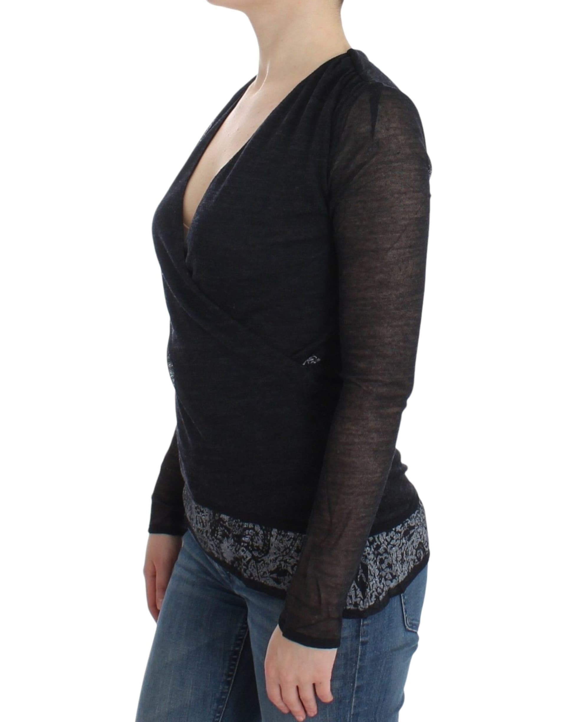 Black Wool Blend Stretch Long Sleeve Sweater - 2