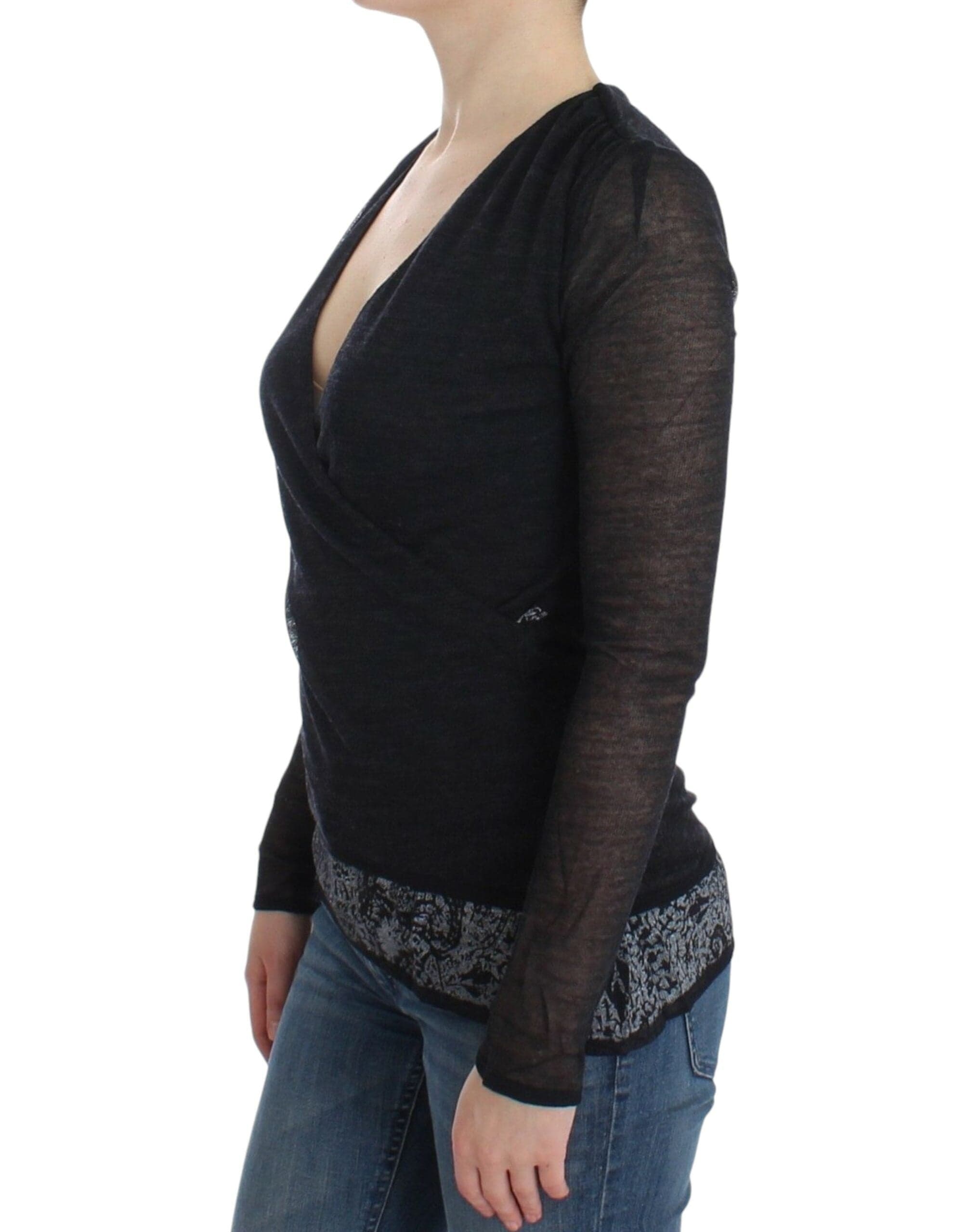 Black Wool Blend Stretch Long Sleeve Sweater - 2