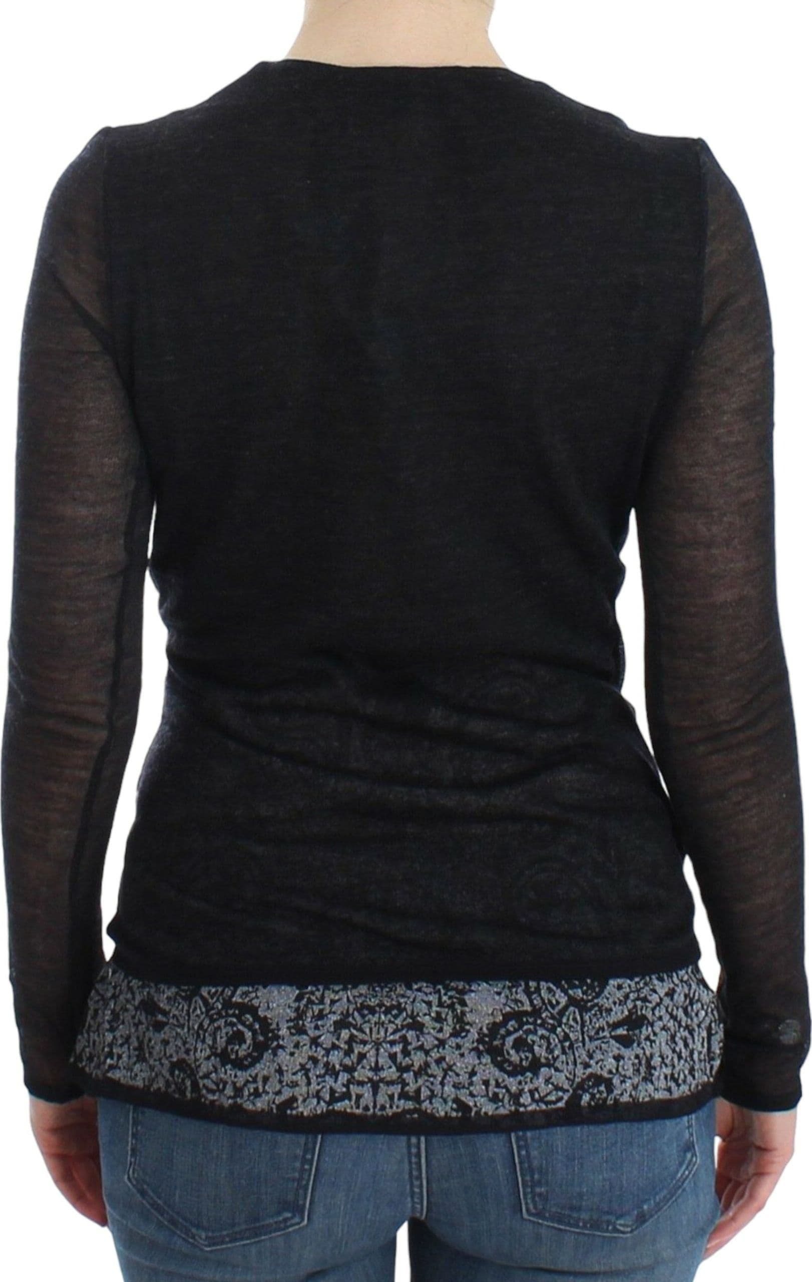 Black Wool Blend Stretch Long Sleeve Sweater - 3