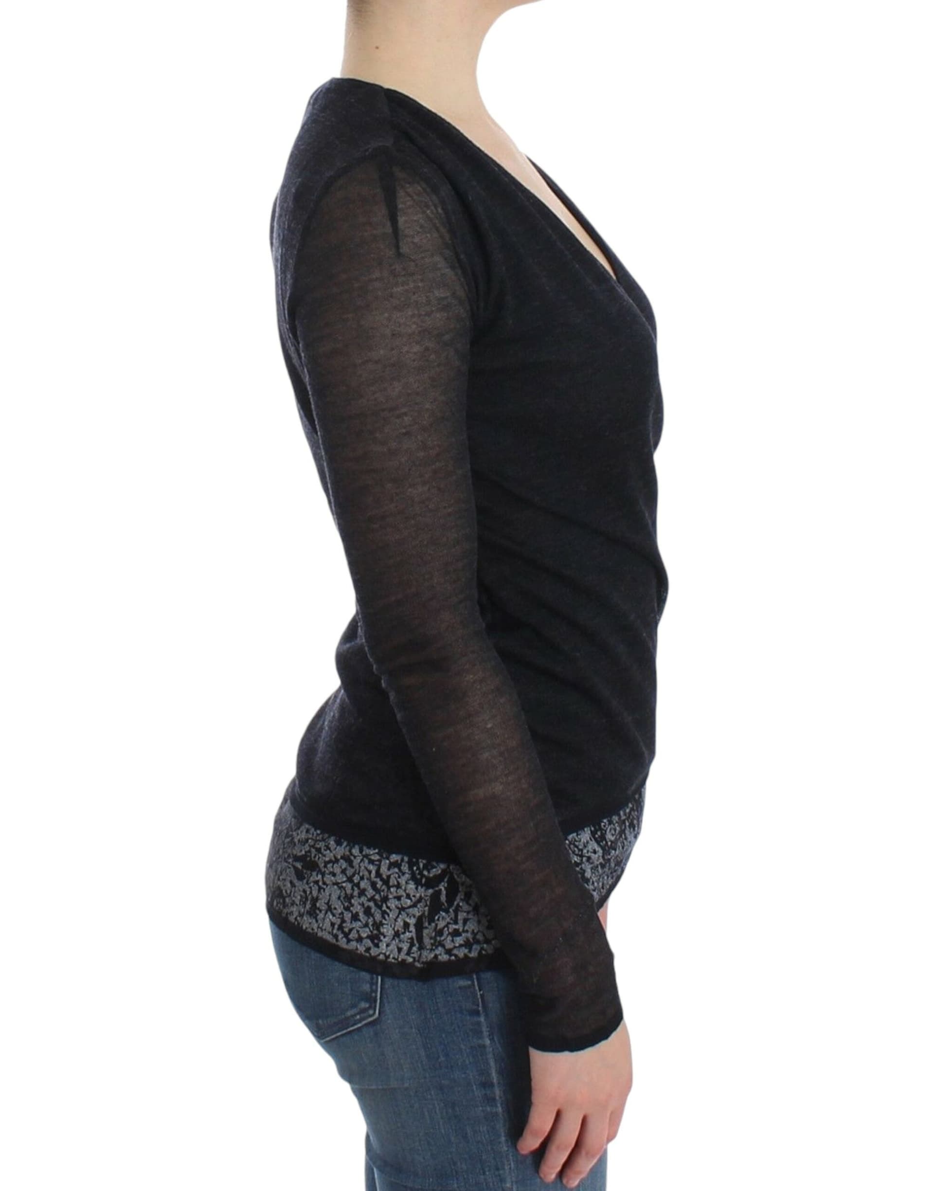 Black Wool Blend Stretch Long Sleeve Sweater - 4