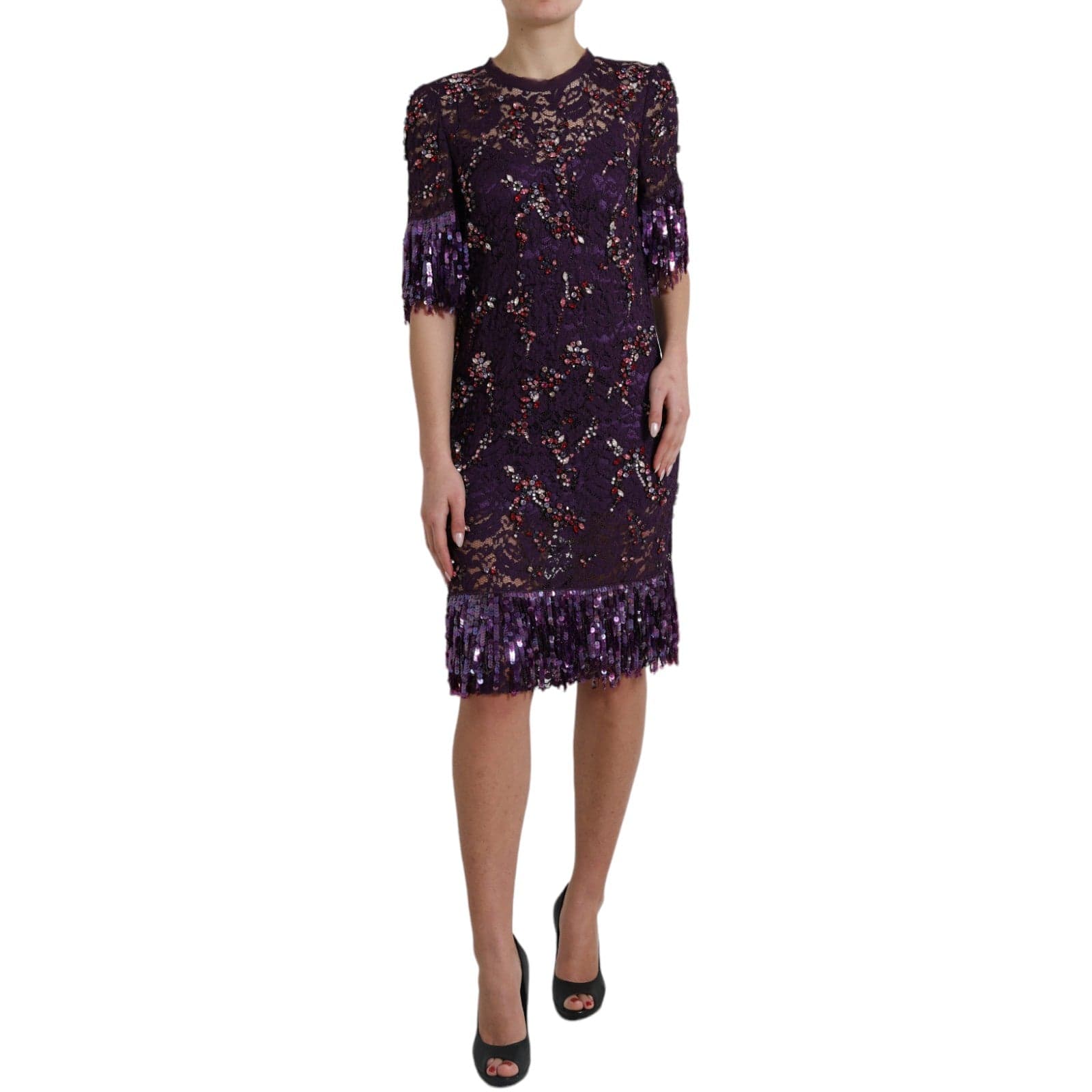 Purple floral lace crystal embedded dress - 2