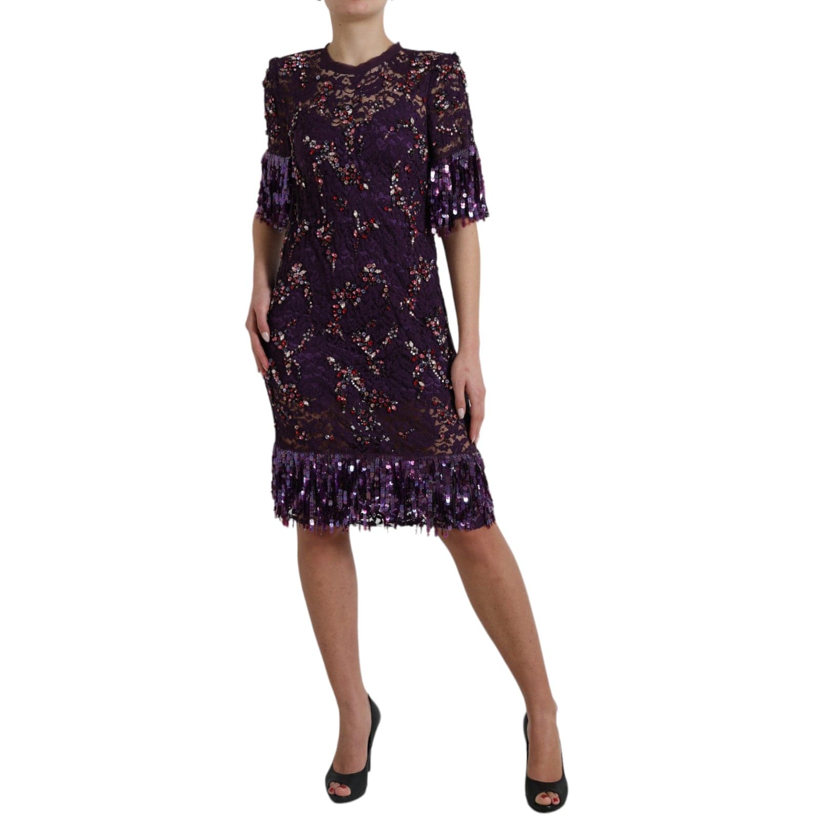 Purple floral lace crystal embedded dress - 4