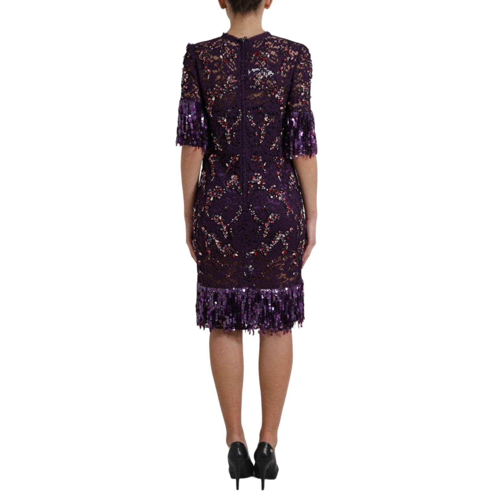 Purple floral lace crystal embedded dress - 5