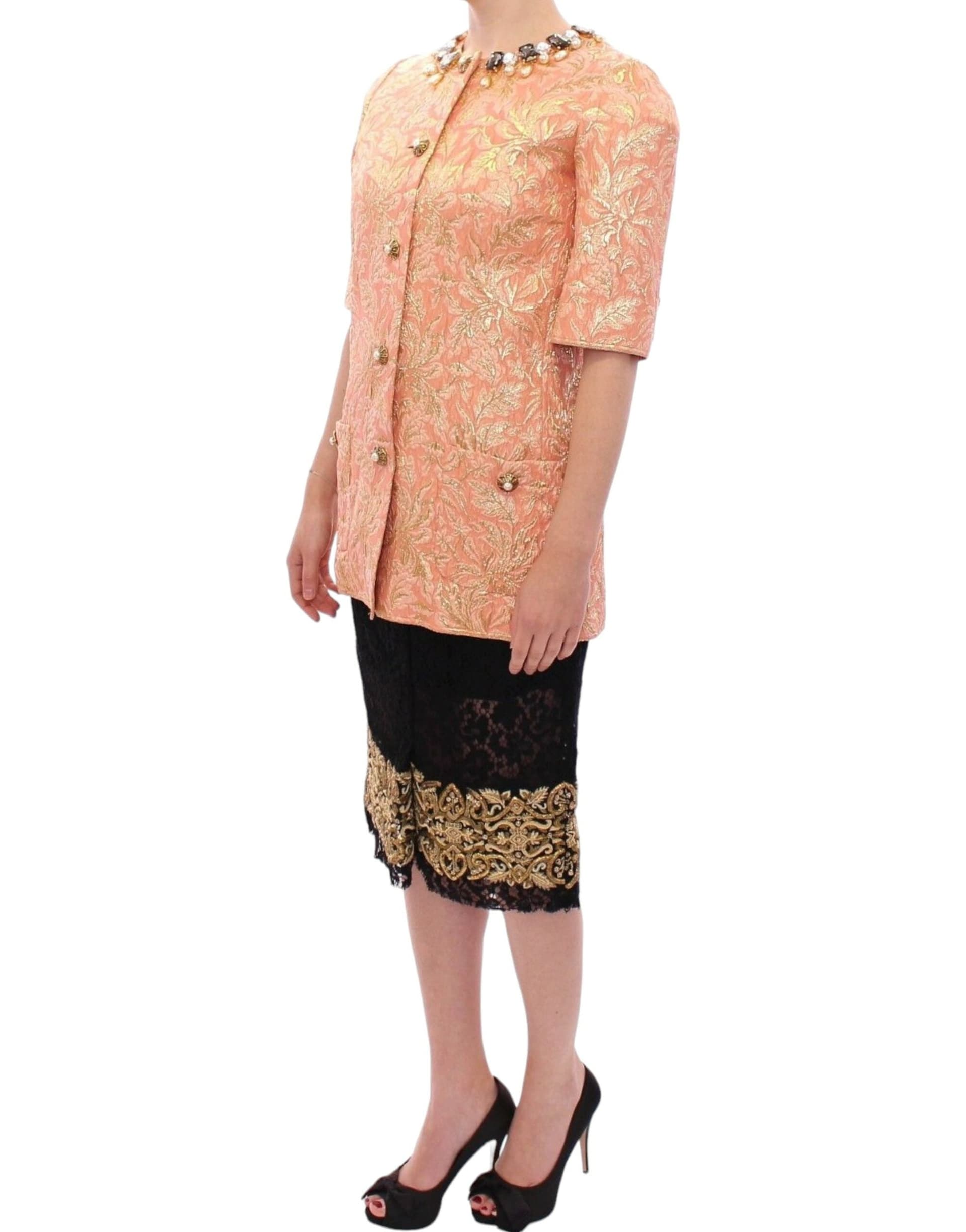 Pink Silk Brocade Crystal Jacket Coat - 2
